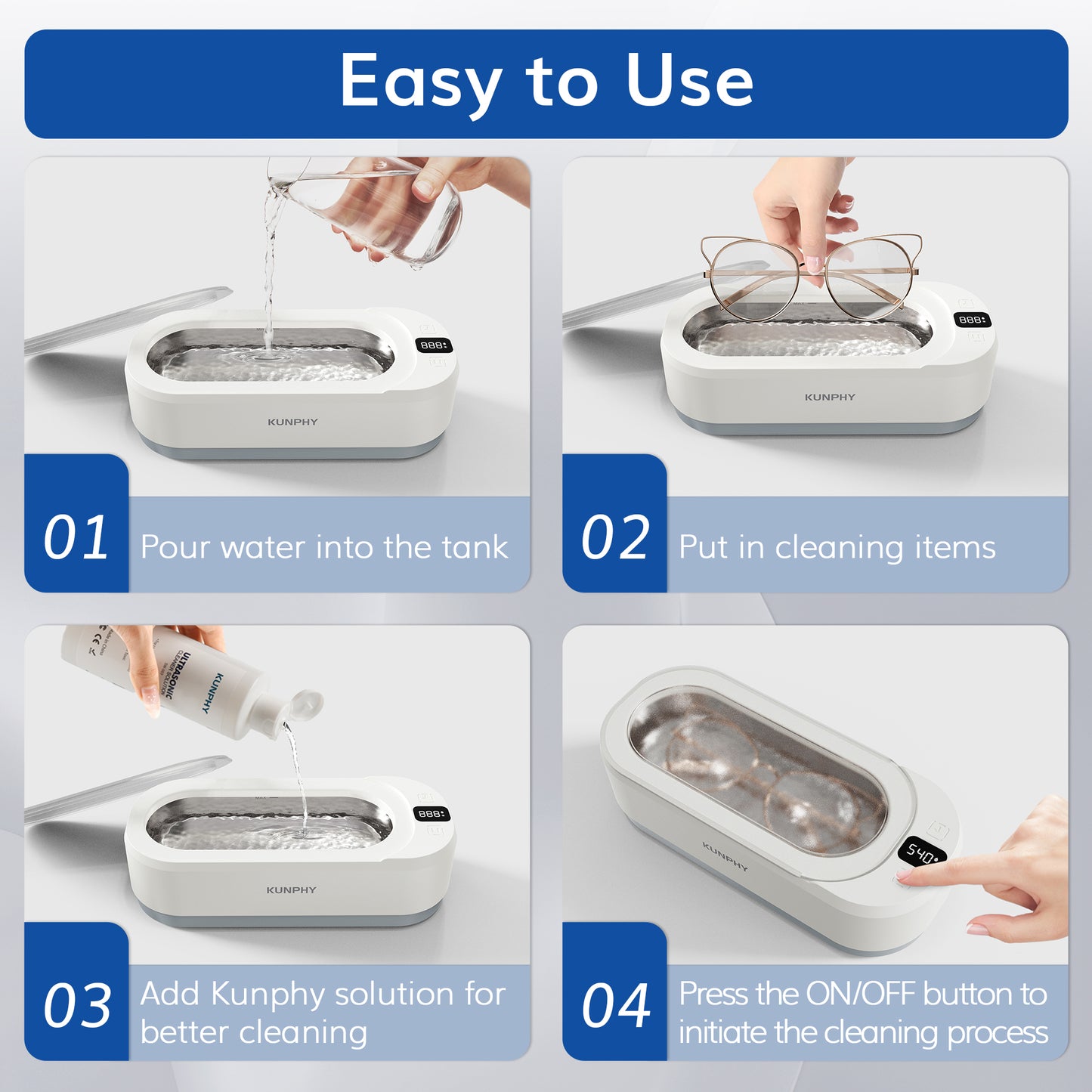 KUNPHY Ultrasonic Jewellery Cleaner, 350ML 48KHz Ultrasonic Cleaner Machine with 3 Digital Timer, One-Touch Operation Sonic Cleaner for Glasses, Jewellery, Ring, Silver