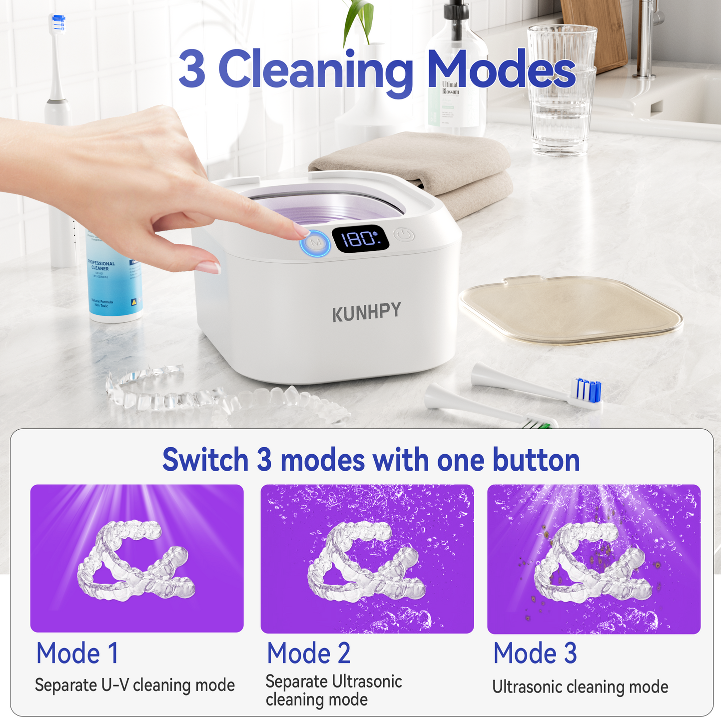 KUNPHY Retainer Cleaner, U-V Ultrasonic Retainer Cleaner with 50ML Cleaning Solution, 48KHZ 220ML Dental Cleaner with 3 Modes & Timers, Ideal for Invisalign, Mouth Guards, Braces