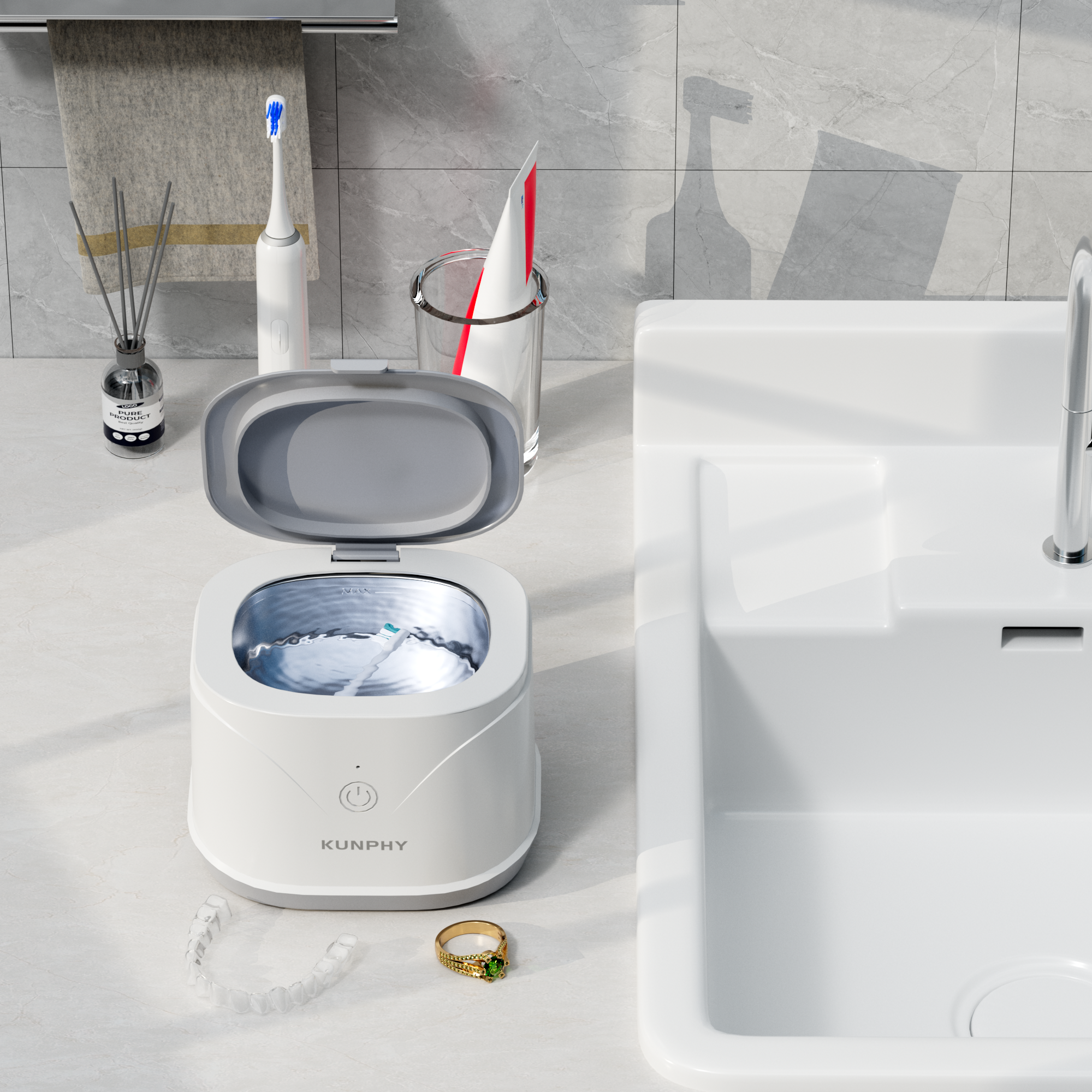 KUNPHY Ultrasonic Retainer Cleaner | 46KHz Dental Cleaner for Aligners, Mouth Guards & Dentures