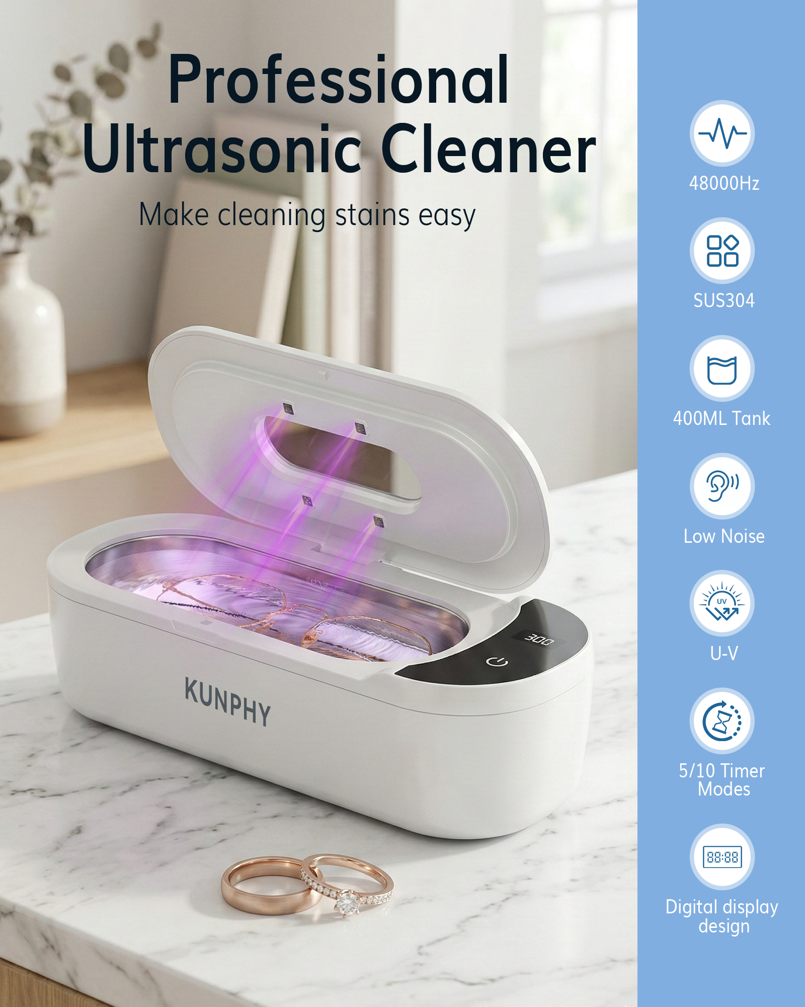 KUNPHY Jewelry Cleaner, 48KHz U-V Ultrasonic Cleaner Machine with Digital Display, Dual Cleaning Modes, 304 Stainless Steel Tank for Jewelry, Eyeglasses, Rings, Retainers, Dentures
