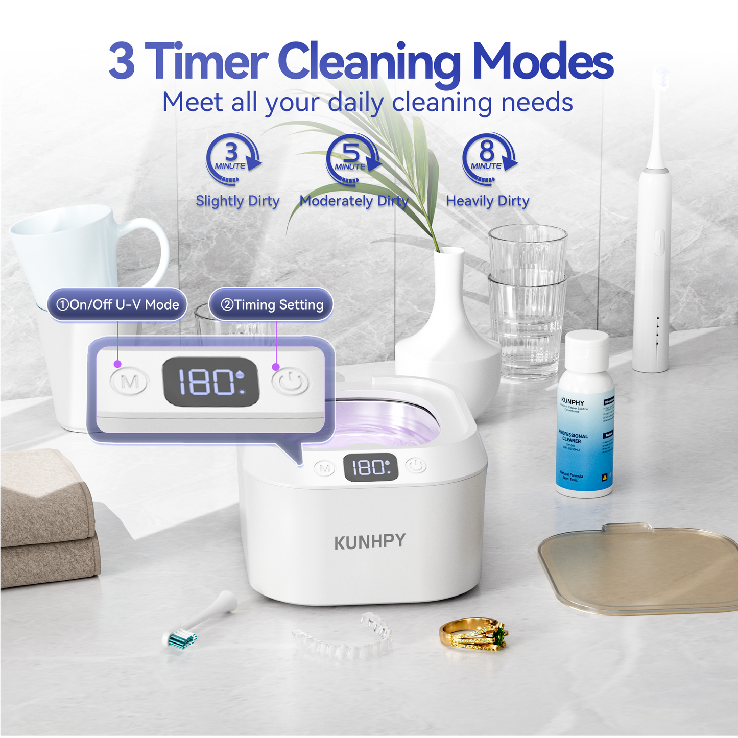 KUNPHY Retainer Cleaner, U-V Ultrasonic Retainer Cleaner with 50ML Cleaning Solution, 48KHZ 220ML Dental Cleaner with 3 Modes & Timers, Ideal for Invisalign, Mouth Guards, Braces