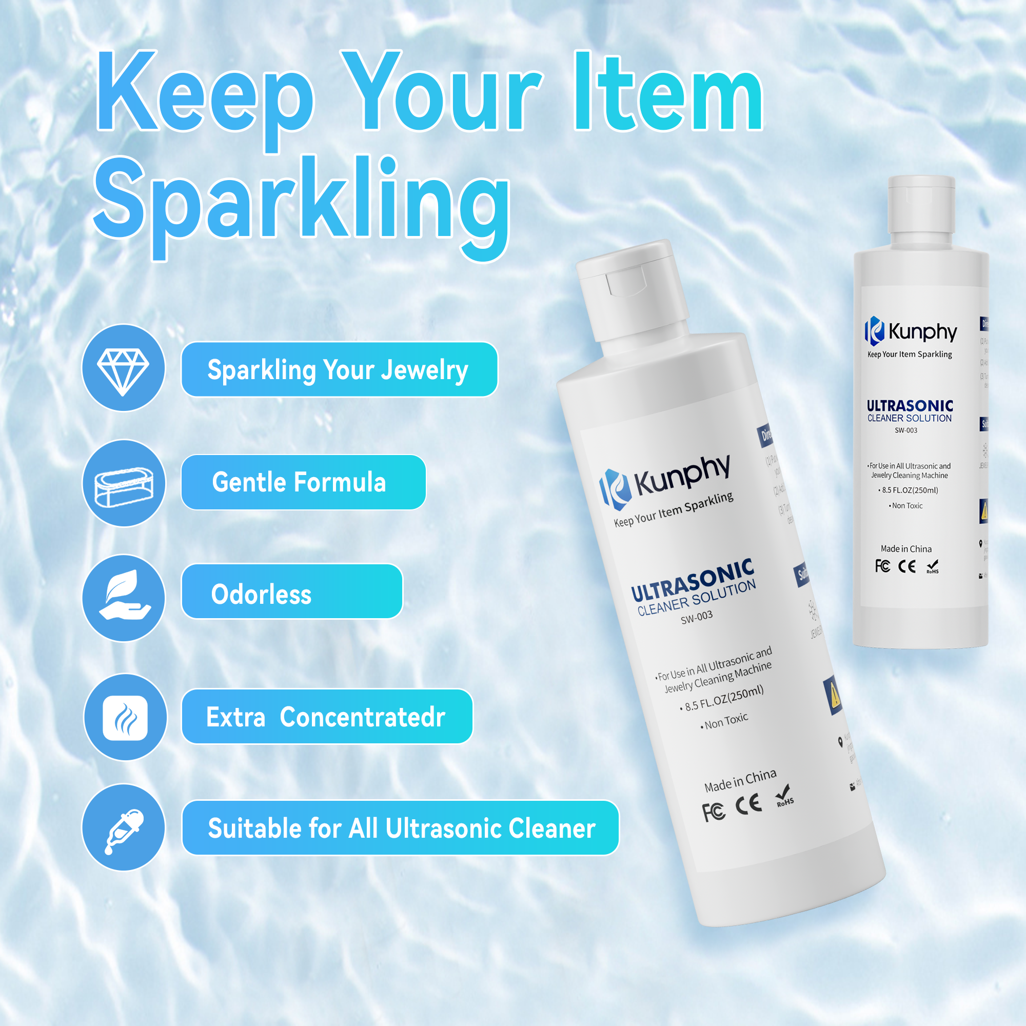 kunphy Jewelry Cleaner, Ultrasonic Cleaner Solution - Jewelry Cleaner for Gold, Silver, Platinum Diamonds and Non-Porous Precious & Semi-Precious Jewelry 4 oz(120ml)