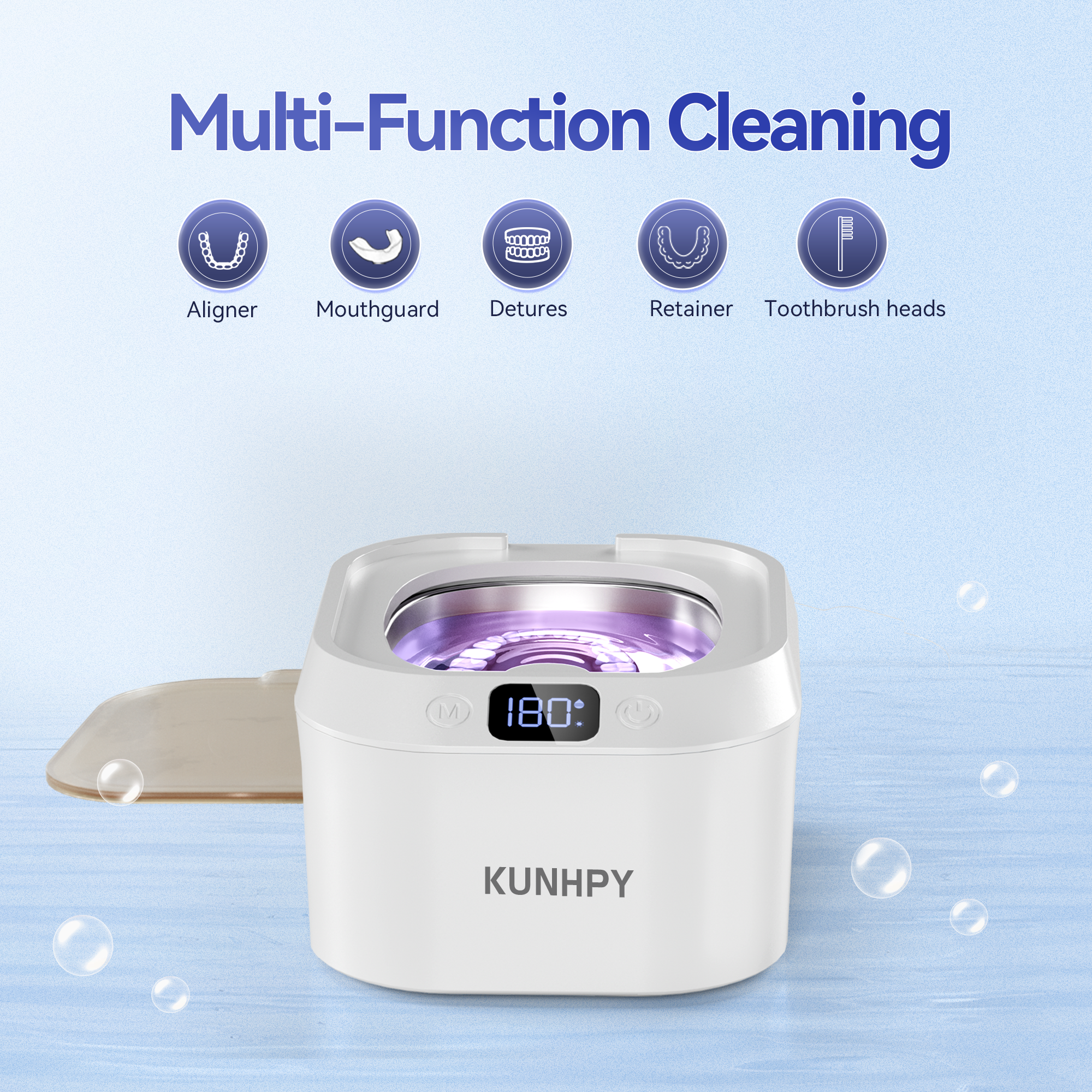 KUNPHY Retainer Cleaner, U-V Ultrasonic Retainer Cleaner with 50ML Cleaning Solution, 48KHZ 220ML Dental Cleaner with 3 Modes & Timers, Ideal for Invisalign, Mouth Guards, Braces
