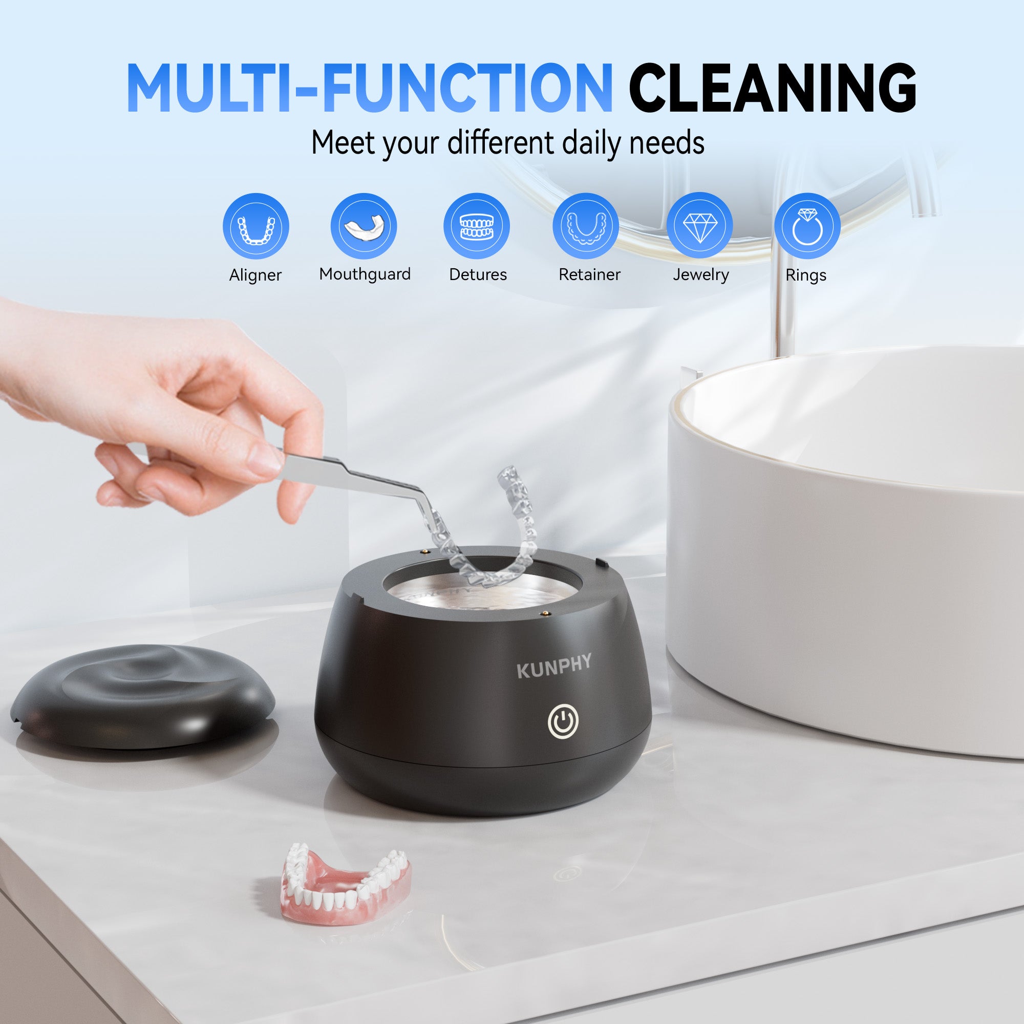 KUNPHY Ultrasonic Retainer Cleaner,IPX7 Water-Proof Denture Cleaner Machine, Portable Dental Cleaning Pod for Deep Cleaning Mouth Guard, Aligner, Braces, Jewelry, Matte Black