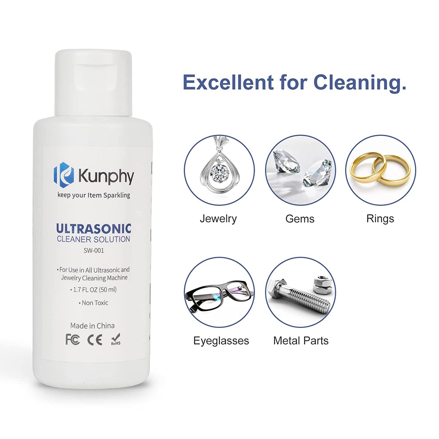 kunphy Jewelry Cleaner, Ultrasonic Cleaner Solution - Jewelry Cleaner for Gold, Silver, Platinum Diamonds and Non-Porous Precious & Semi-Precious Jewelry 4 oz(120ml)