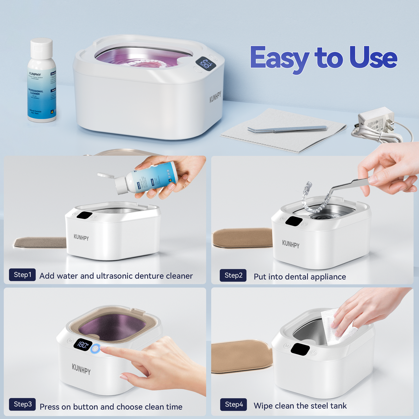 KUNPHY Retainer Cleaner, U-V Ultrasonic Retainer Cleaner with 50ML Cleaning Solution, 48KHZ 220ML Dental Cleaner with 3 Modes & Timers, Ideal for Invisalign, Mouth Guards, Braces