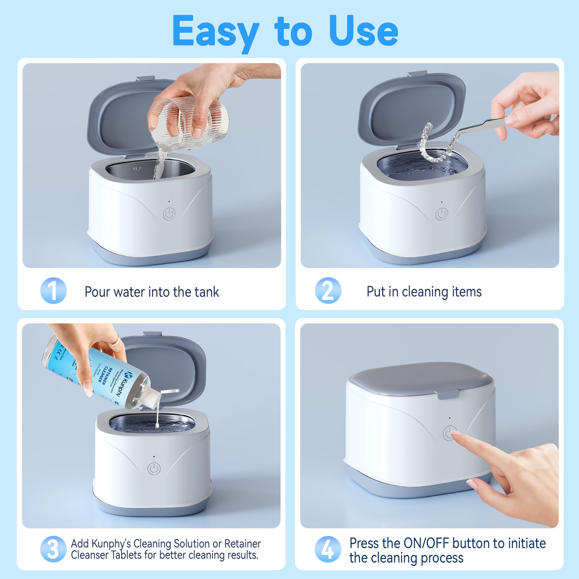 KUNPHY Ultrasonic Retainer Cleaner | 46KHz Dental Cleaner for Aligners, Mouth Guards & Dentures