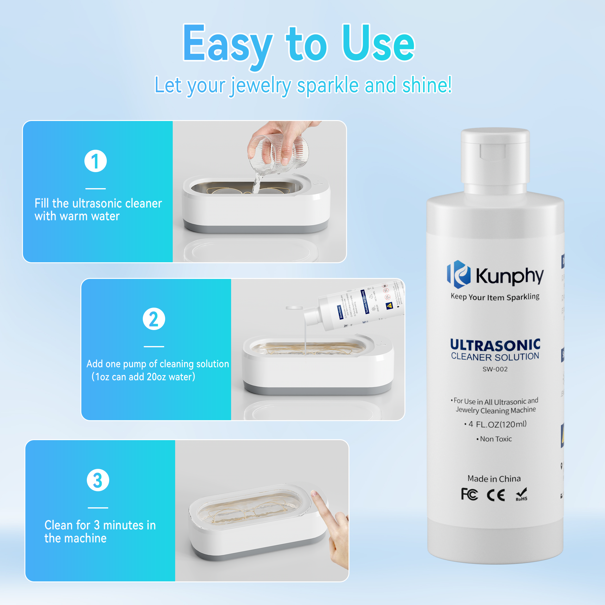 kunphy Jewelry Cleaner, Ultrasonic Cleaner Solution - Jewelry Cleaner for Gold, Silver, Platinum Diamonds and Non-Porous Precious & Semi-Precious Jewelry 4 oz(120ml)
