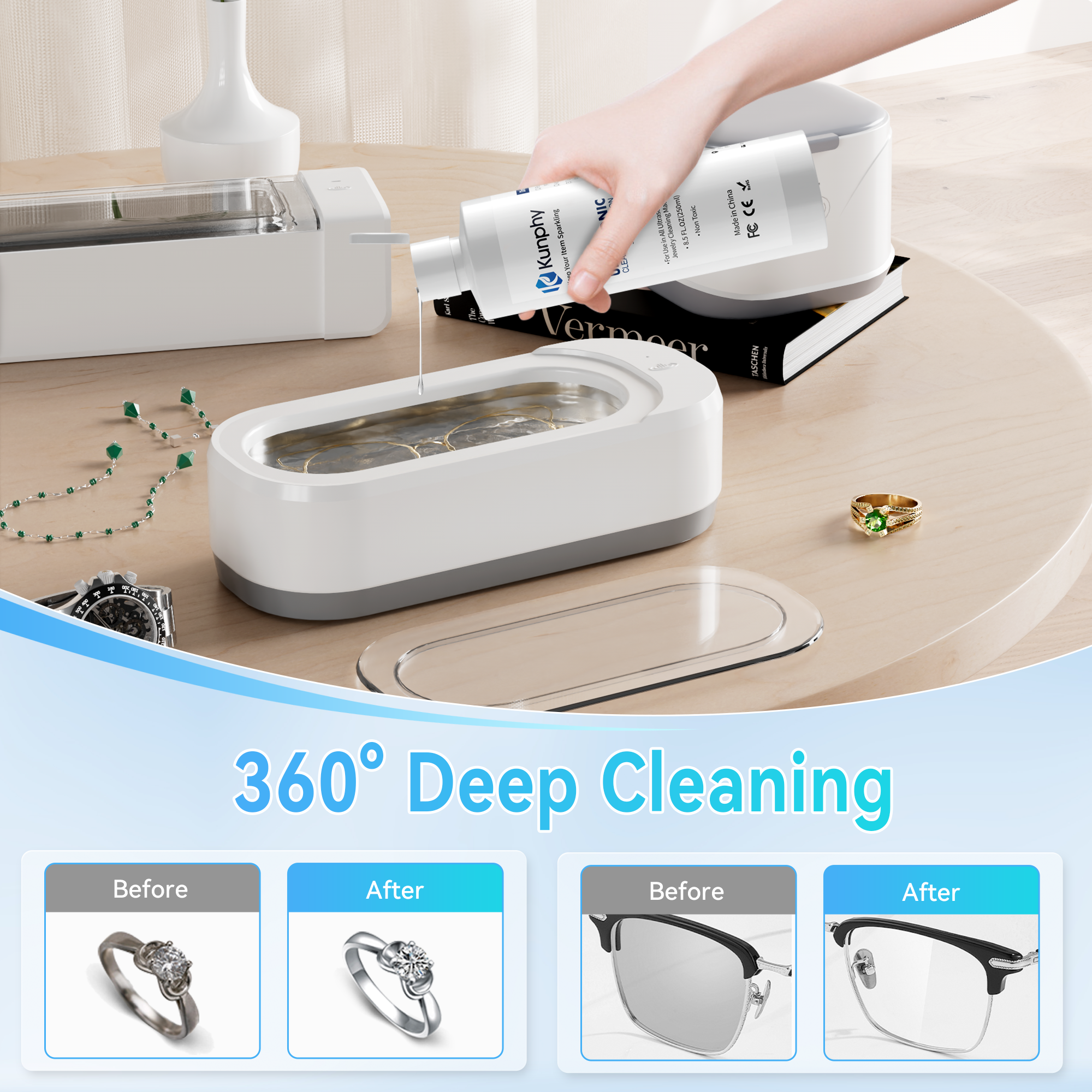 kunphy Jewelry Cleaner, Ultrasonic Cleaner Solution - Jewelry Cleaner for Gold, Silver, Platinum Diamonds and Non-Porous Precious & Semi-Precious Jewelry 4 oz(120ml)