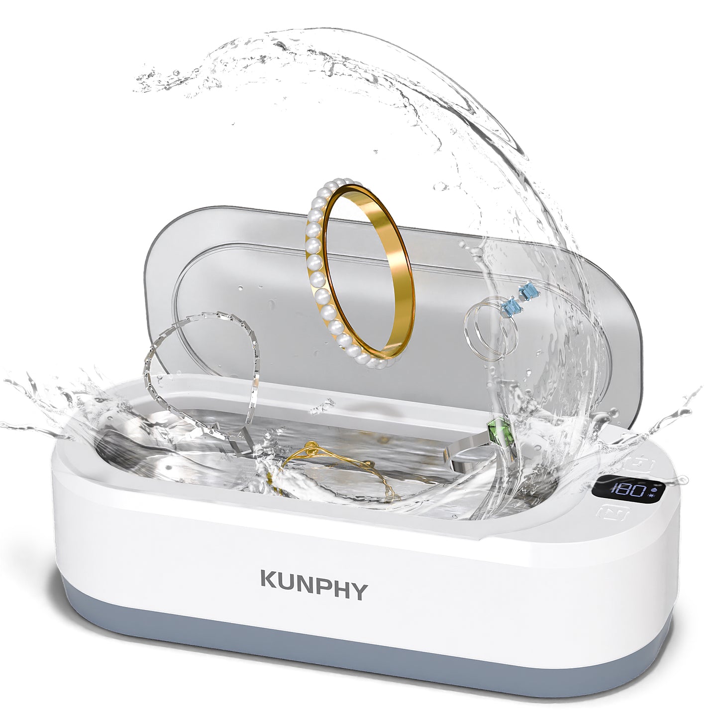 KUNPHY Ultrasonic Jewellery Cleaner, 350ML 48KHz Ultrasonic Cleaner Machine with 3 Digital Timer, One-Touch Operation Sonic Cleaner for Glasses, Jewellery, Ring, Silver