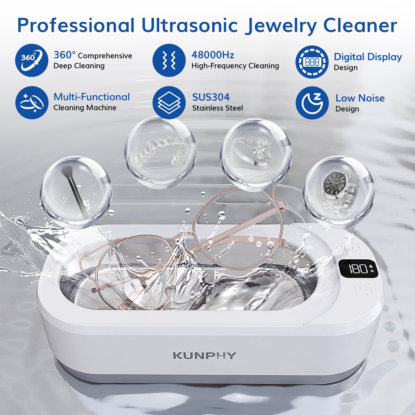 KUNPHY Ultrasonic Jewellery Cleaner, 350ML 48KHz Ultrasonic Cleaner Machine with 3 Digital Timer, One-Touch Operation Sonic Cleaner for Glasses, Jewellery, Ring, Silver