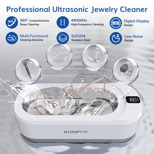 KUNPHY Ultrasonic Jewellery Cleaner, 350ML 48KHz Ultrasonic Cleaner Machine with 3 Digital Timer, One-Touch Operation Sonic Cleaner for Glasses, Jewellery, Ring, Silver