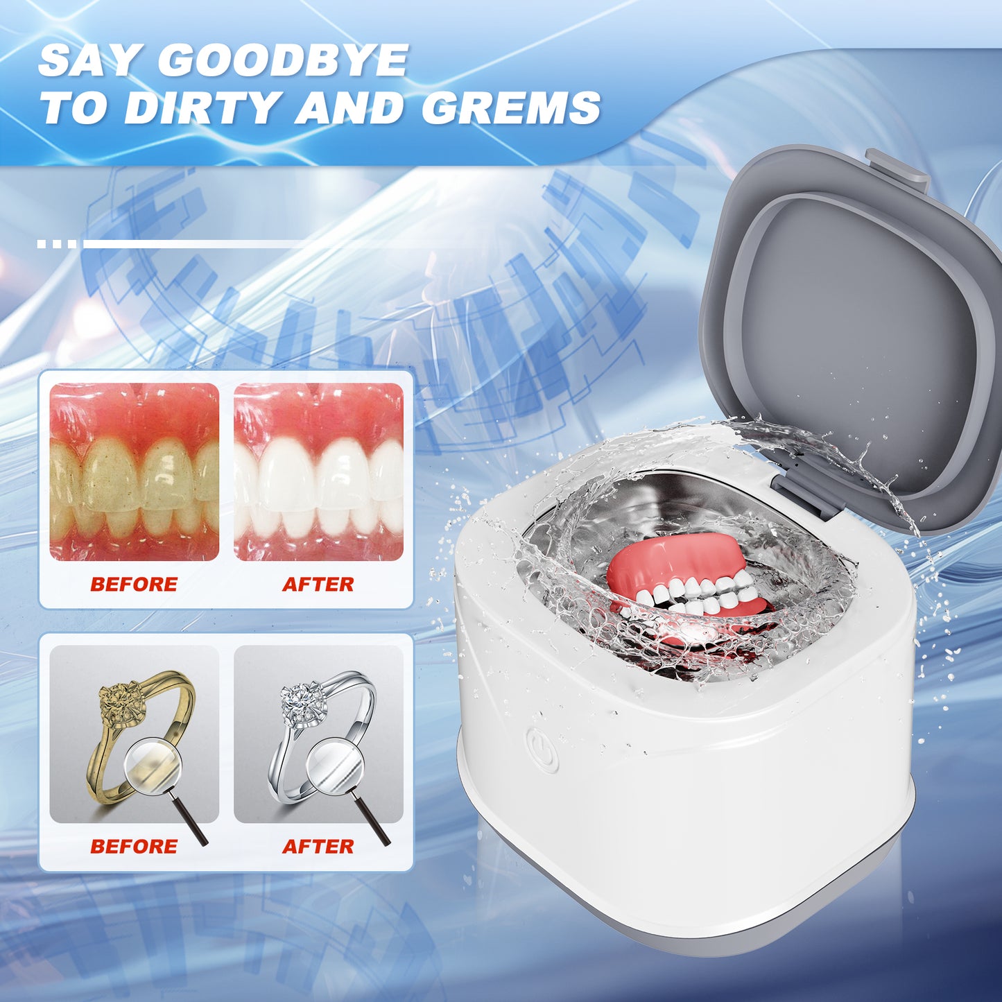 Ultrasonic Jewelry Cleaner,Kunphy Retainer Sonic Cleaning Machine with 46kHz 7.5 OZ Portable Professional Denture Cleaner for Retainer,Dental,Mouth Guard, Ring,Silver,Jewelry