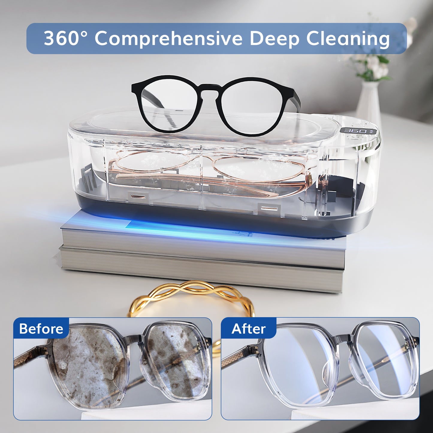 KUNPHY Ultrasonic Jewellery Cleaner, 350ML 48KHz Ultrasonic Cleaner Machine with 3 Digital Timer, One-Touch Operation Sonic Cleaner for Glasses, Jewellery, Ring, Silver