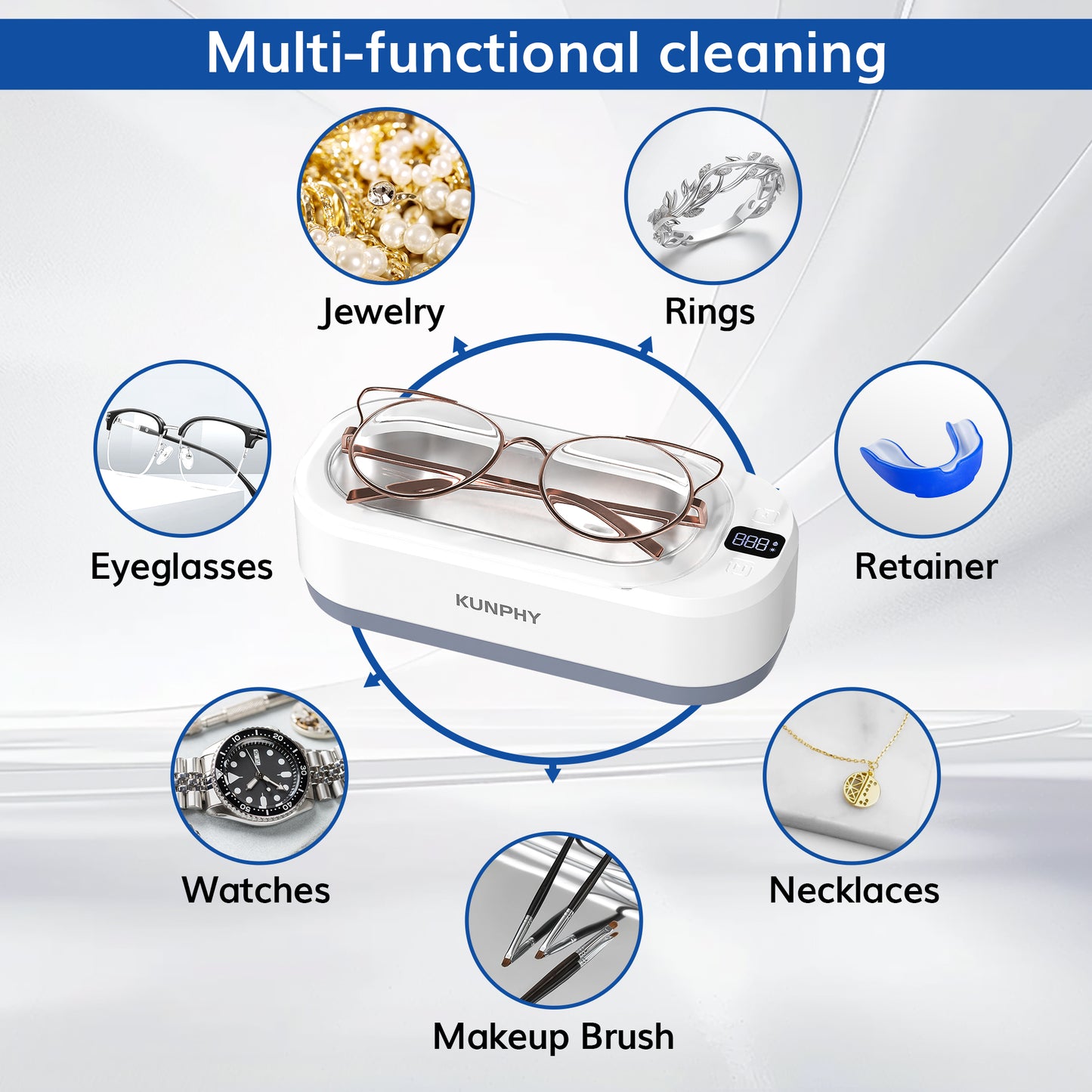 KUNPHY Ultrasonic Jewellery Cleaner, 350ML 48KHz Ultrasonic Cleaner Machine with 3 Digital Timer, One-Touch Operation Sonic Cleaner for Glasses, Jewellery, Ring, Silver