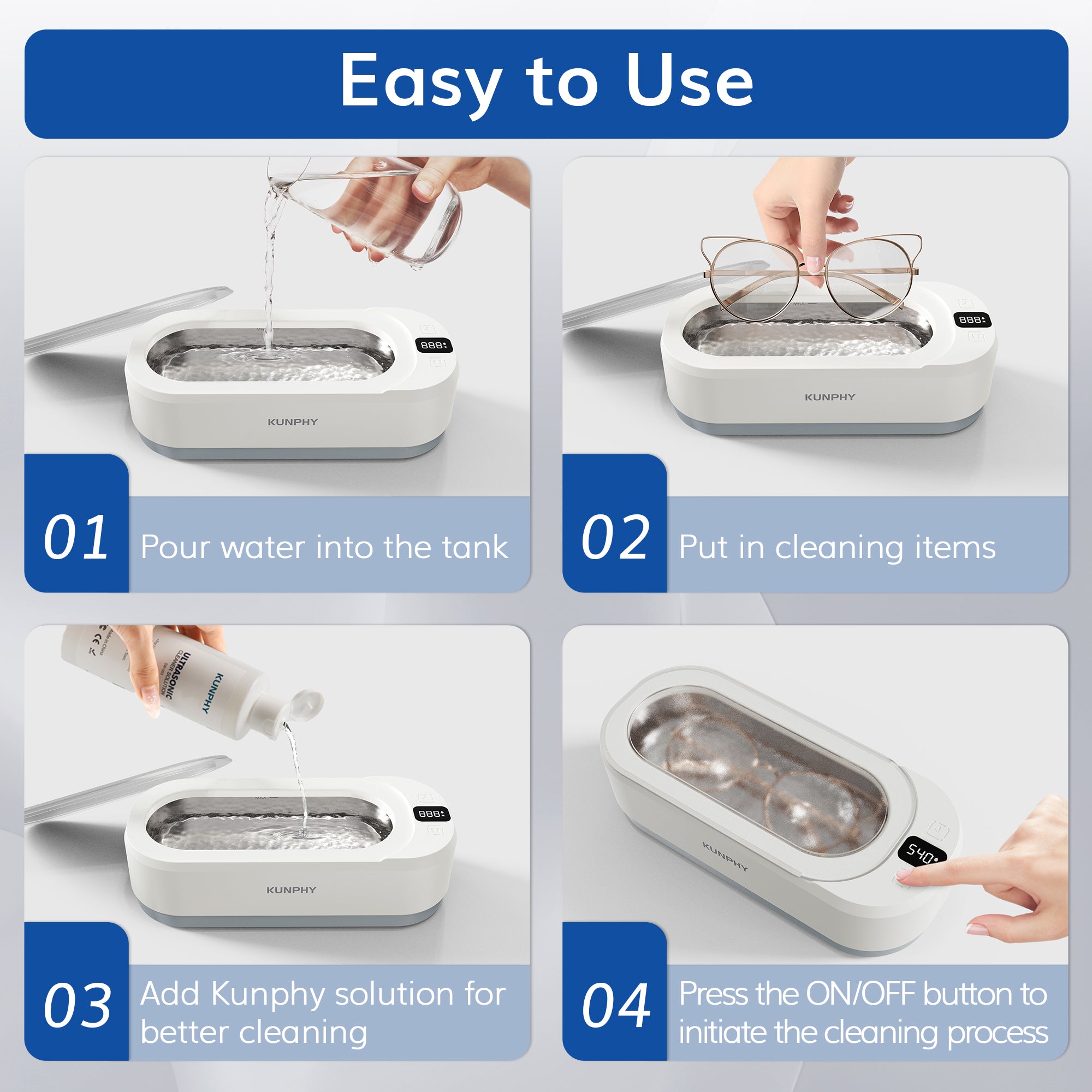 KUNPHY Ultrasonic Jewellery Cleaner, 350ML 48KHz Ultrasonic Cleaner Machine with 3 Digital Timer, One-Touch Operation Sonic Cleaner for Glasses, Jewellery, Ring, Silver