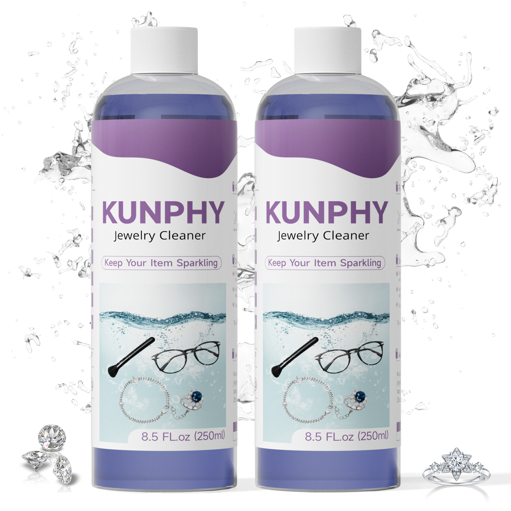 Upgraded KUNPHY Jewelry Cleaner, New Plant Formula for All Ultrasonic Cleaners, Enhanced Cleaning Effect, Multi-Purpose Glasses Cleaner for Silver, Gold, Rings, Diamond and Eyeglass(8.5 oz, 250 ml)