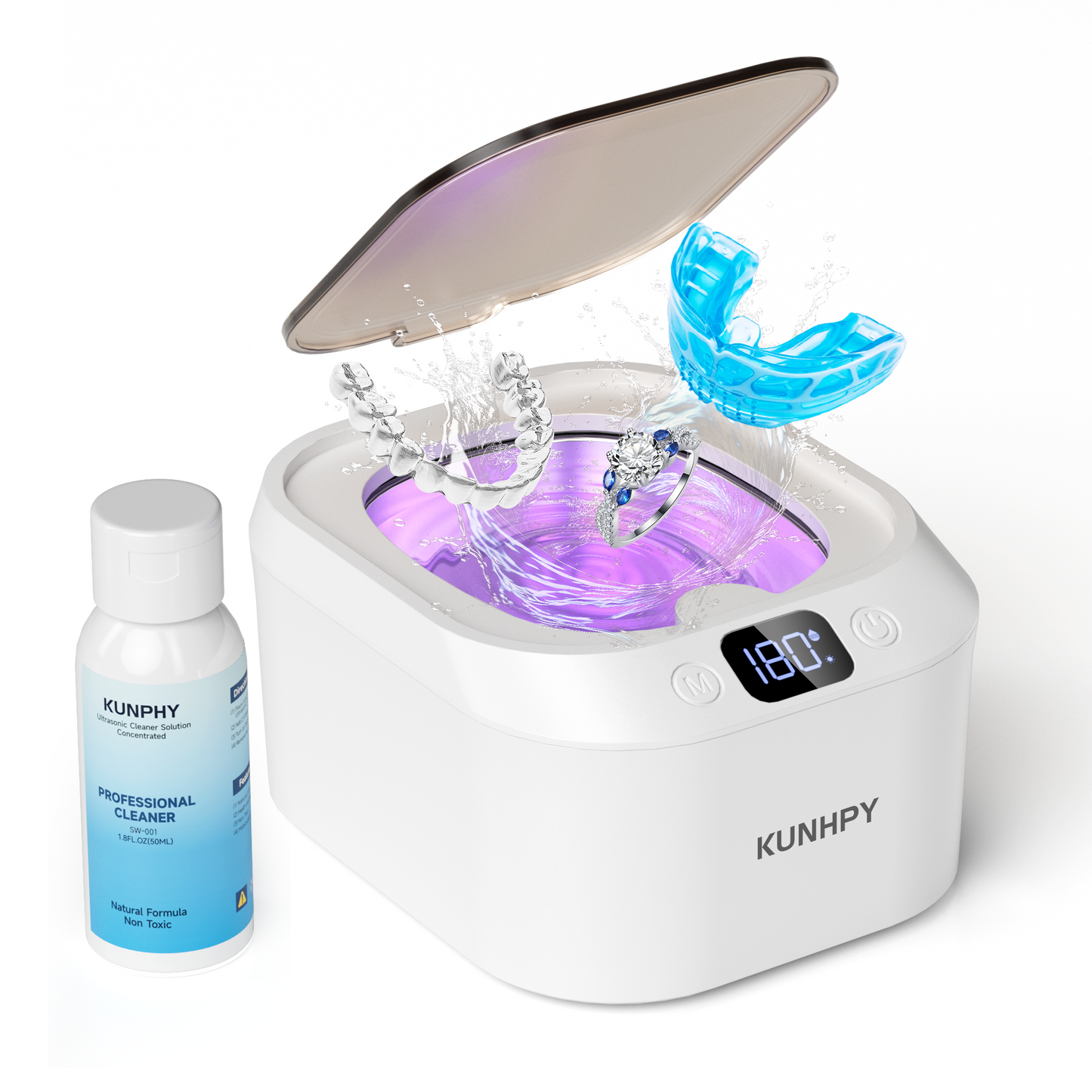 KUNPHY Retainer Cleaner, U-V Ultrasonic Retainer Cleaner with 50ML Cleaning Solution, 48KHZ 220ML Dental Cleaner with 3 Modes & Timers, Ideal for Invisalign, Mouth Guards, Braces