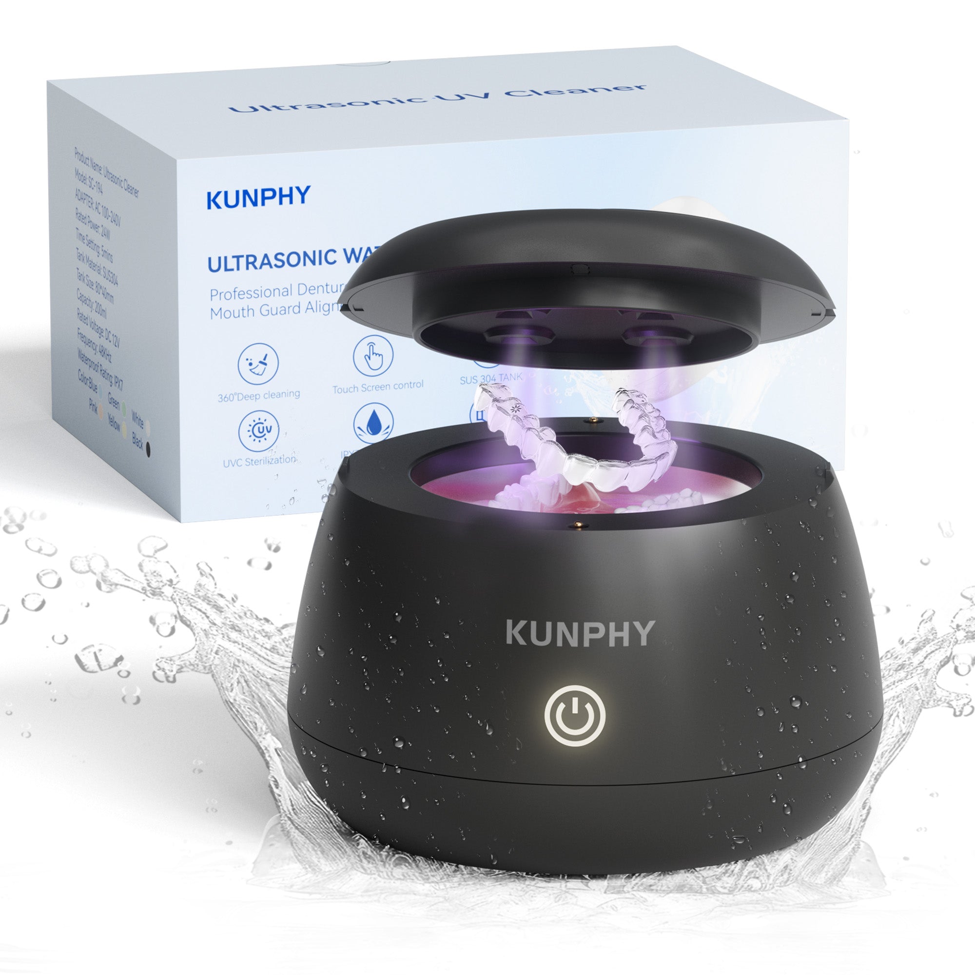 KUNPHY Ultrasonic Retainer Cleaner,IPX7 Water-Proof Denture Cleaner Machine, Portable Dental Cleaning Pod for Deep Cleaning Mouth Guard, Aligner, Braces, Jewelry, Matte Black