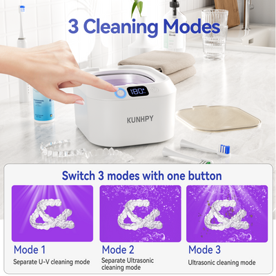 KUNPHY Retainer Cleaner, U-V Ultrasonic Retainer Cleaner with 50ML Cleaning Solution, 48KHZ 220ML Dental Cleaner with 3 Modes & Timers, Ideal for Invisalign, Mouth Guards, Braces