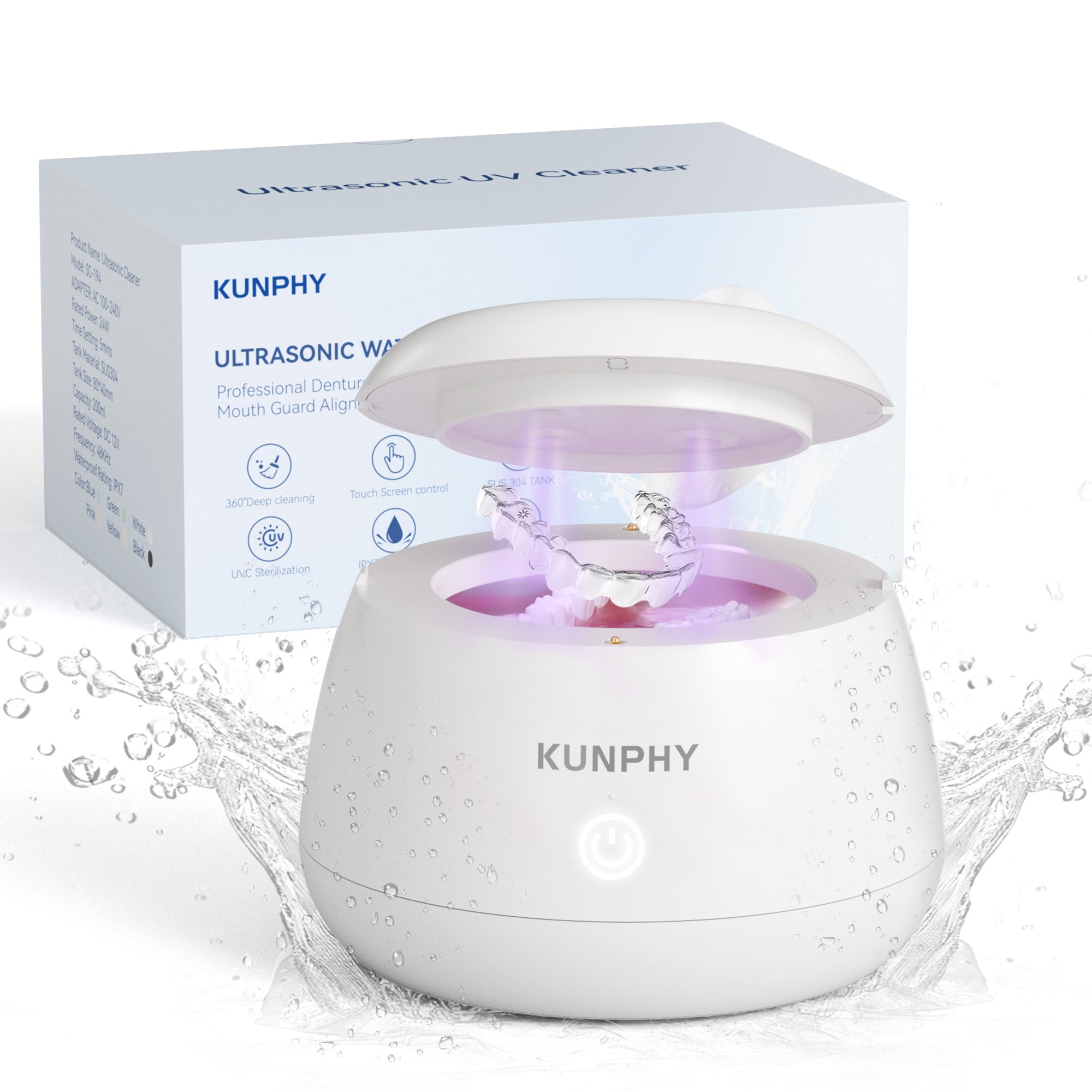 KUNPHY Ultrasonic Retainer Cleaner,IPX7 Water-Proof Denture Cleaner Machine,Portable Dental Cleaning Pod for Deep Cleaning Mouth Guard,Aligner,Braces, Jewelry, Matte White
