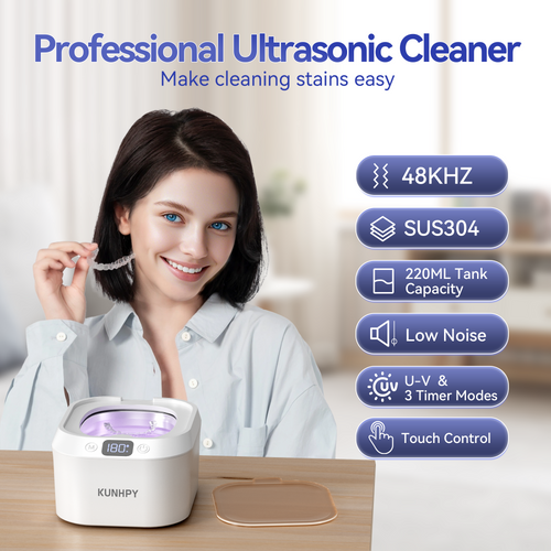 KUNPHY Retainer Cleaner, U-V Ultrasonic Retainer Cleaner with 50ML Cleaning Solution, 48KHZ 220ML Dental Cleaner with 3 Modes & Timers, Ideal for Invisalign, Mouth Guards, Braces
