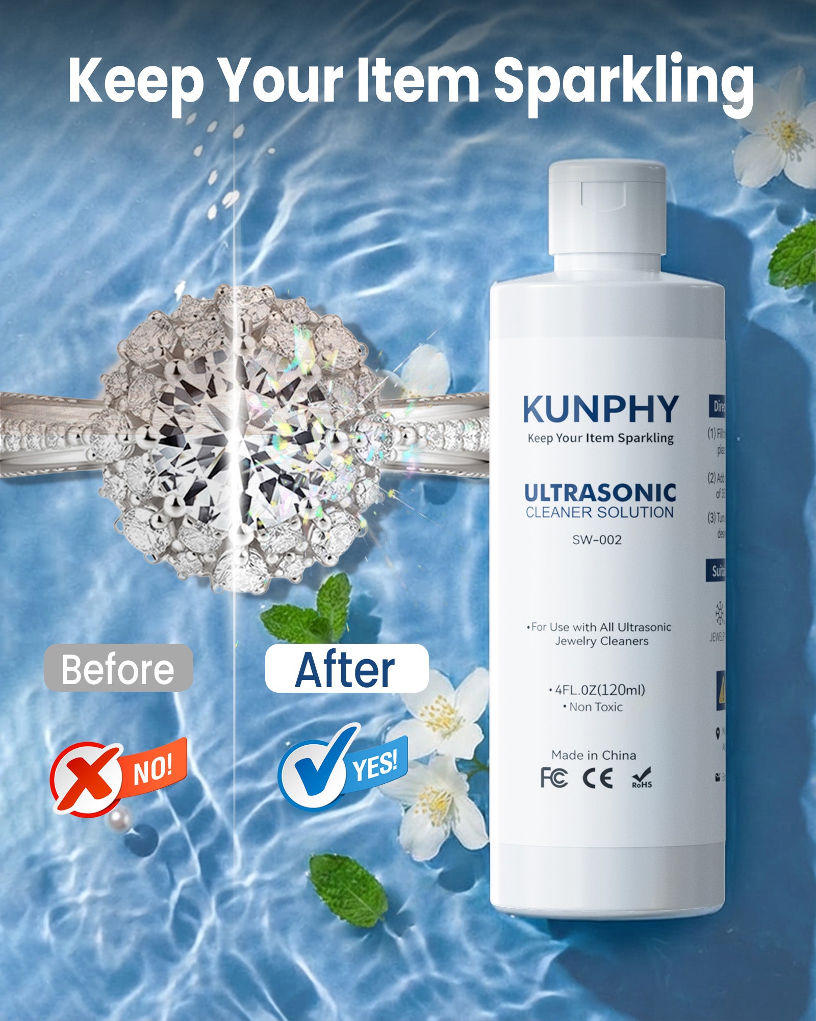 kunphy Jewelry Cleaner, Ultrasonic Cleaner Solution - Jewelry Cleaner for Gold, Silver, Platinum Diamonds and Non-Porous Precious & Semi-Precious Jewelry 4 oz(120ml)