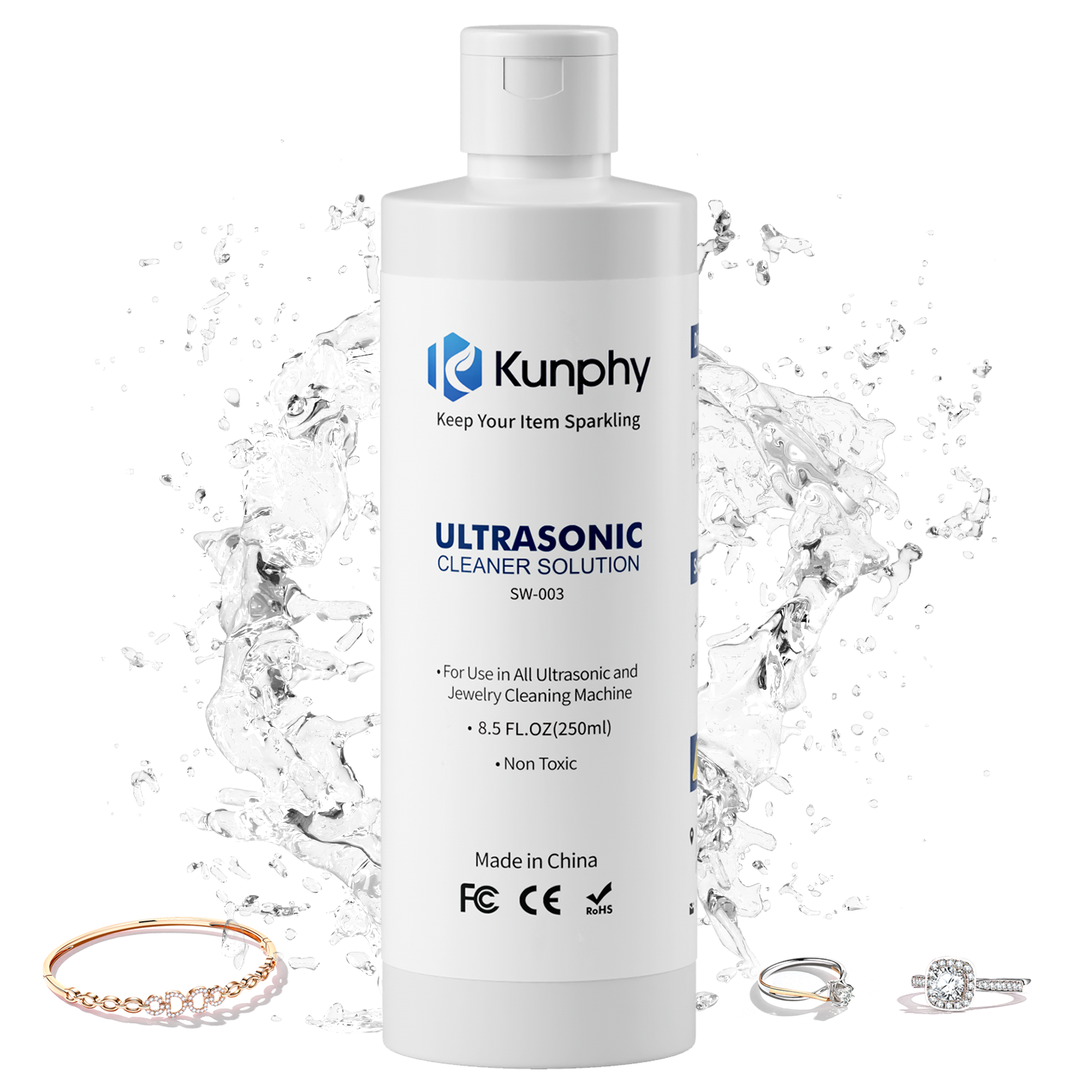 kunphy Jewelry Cleaner, Ultrasonic Cleaner Solution - Jewelry Cleaner for Gold, Silver, Platinum Diamonds and Non-Porous Precious & Semi-Precious Jewelry 4 oz(120ml)