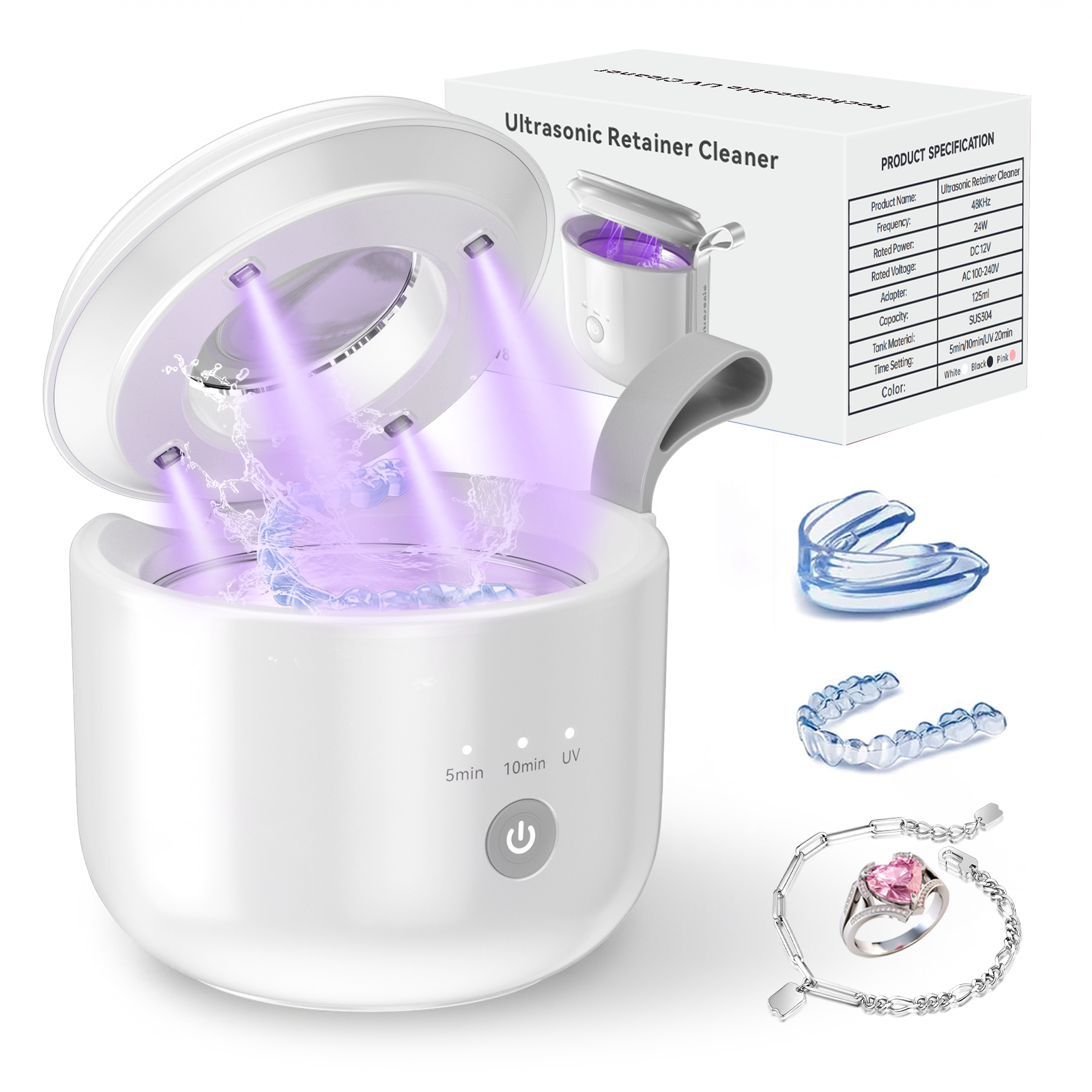 Ultrasonic Retainer Cleaner Machine, JeaTone 48kHz Portable Rechargeable Dental Cleaning Pod with 3 Modes, 200ML Ultrasonic Dental Cleaner for Aligner, Nightguards, Braces, Mouthguards, Jewelry Use