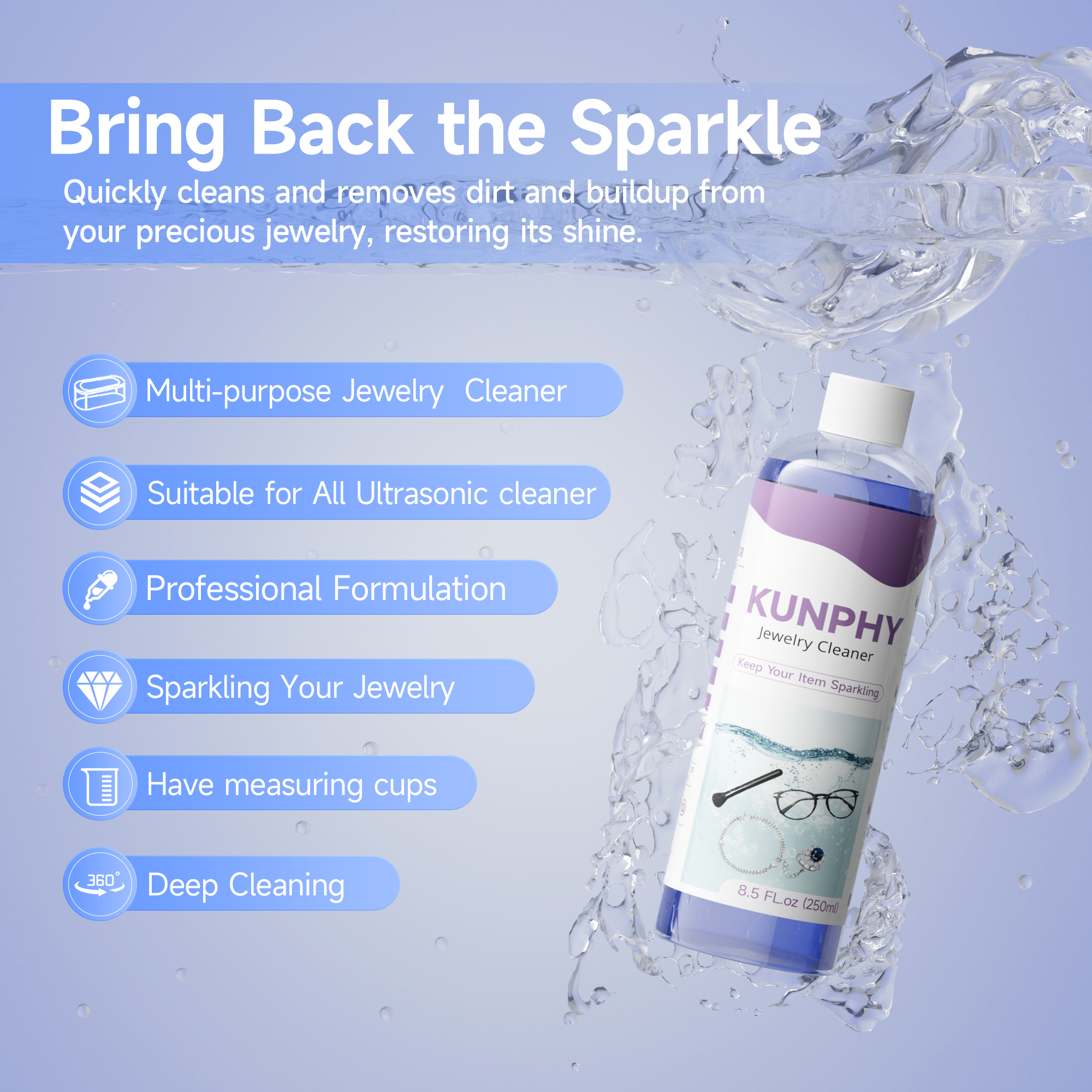 Upgraded KUNPHY Jewelry Cleaner, New Plant Formula for All Ultrasonic Cleaners, Enhanced Cleaning Effect, Multi-Purpose Glasses Cleaner for Silver, Gold, Rings, Diamond and Eyeglass(8.5 oz, 250 ml)