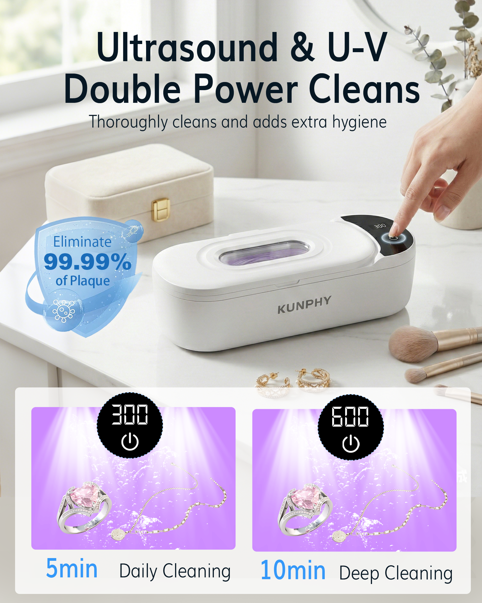 KUNPHY Jewelry Cleaner, 48KHz U-V Ultrasonic Cleaner Machine with Digital Display, Dual Cleaning Modes, 304 Stainless Steel Tank for Jewelry, Eyeglasses, Rings, Retainers, Dentures