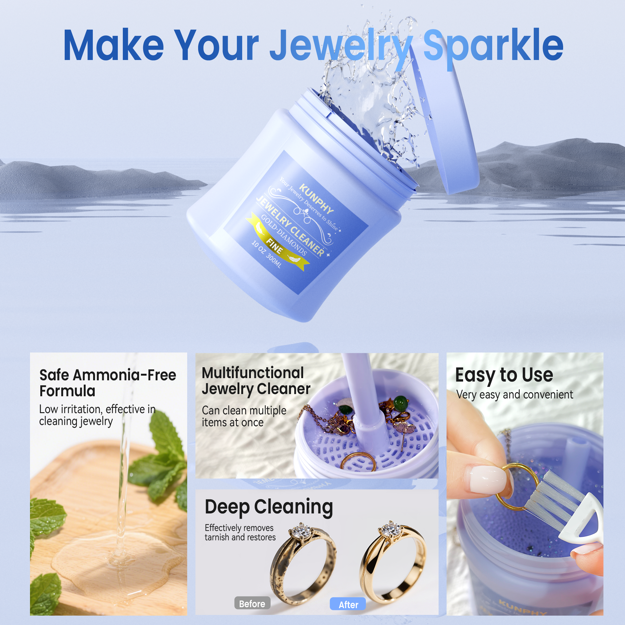 KUNPHY Jewelry Cleaner, 10oz Silver Cleaner, Quick and Easy Ring Cleaner for Restoring Shine, Professional Silver Jewelry Cleaner for Silver Jewelry, Sterling Silver, Diamonds, and Earrings