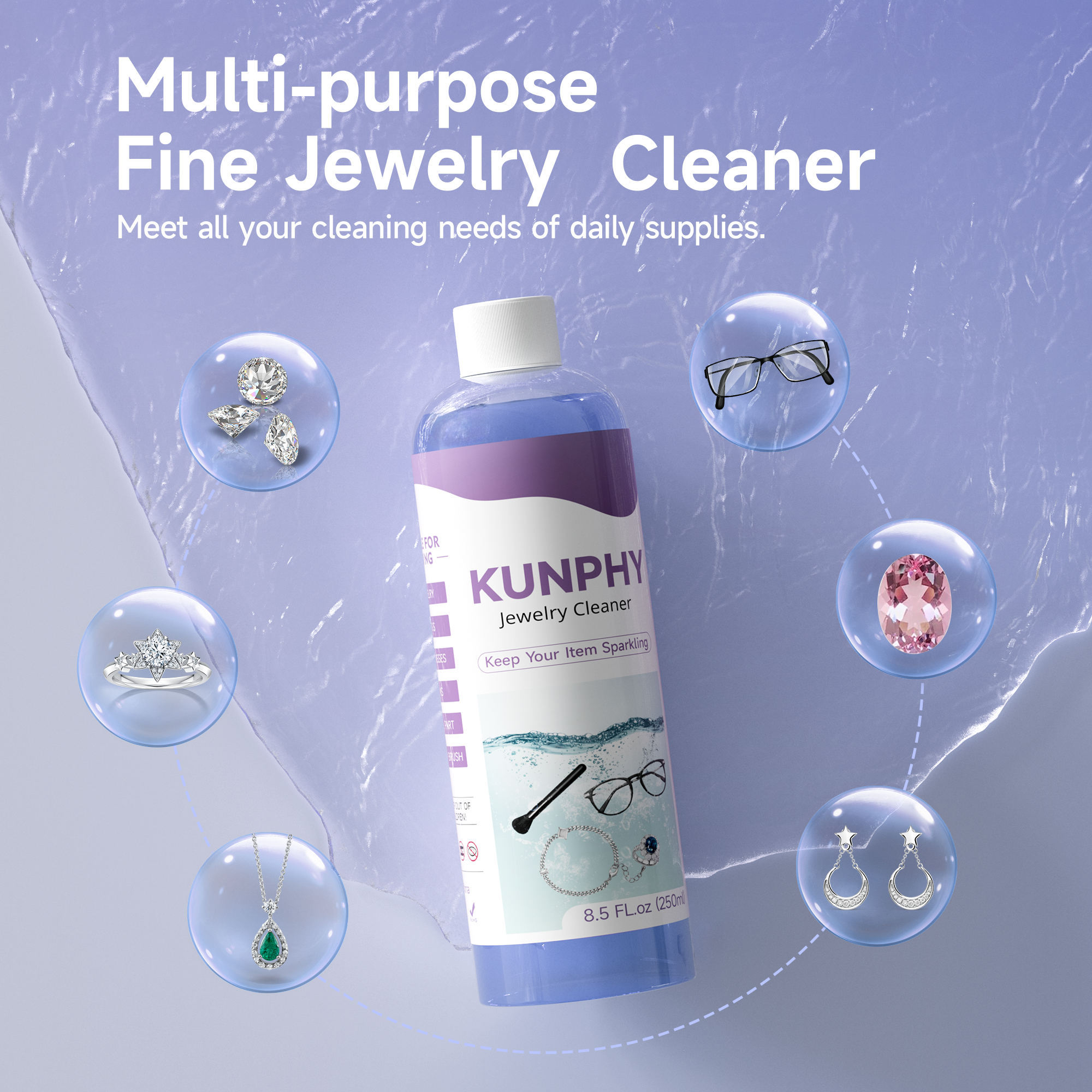 Upgraded KUNPHY Jewelry Cleaner, New Plant Formula for All Ultrasonic Cleaners, Enhanced Cleaning Effect, Multi-Purpose Glasses Cleaner for Silver, Gold, Rings, Diamond and Eyeglass(8.5 oz, 250 ml)