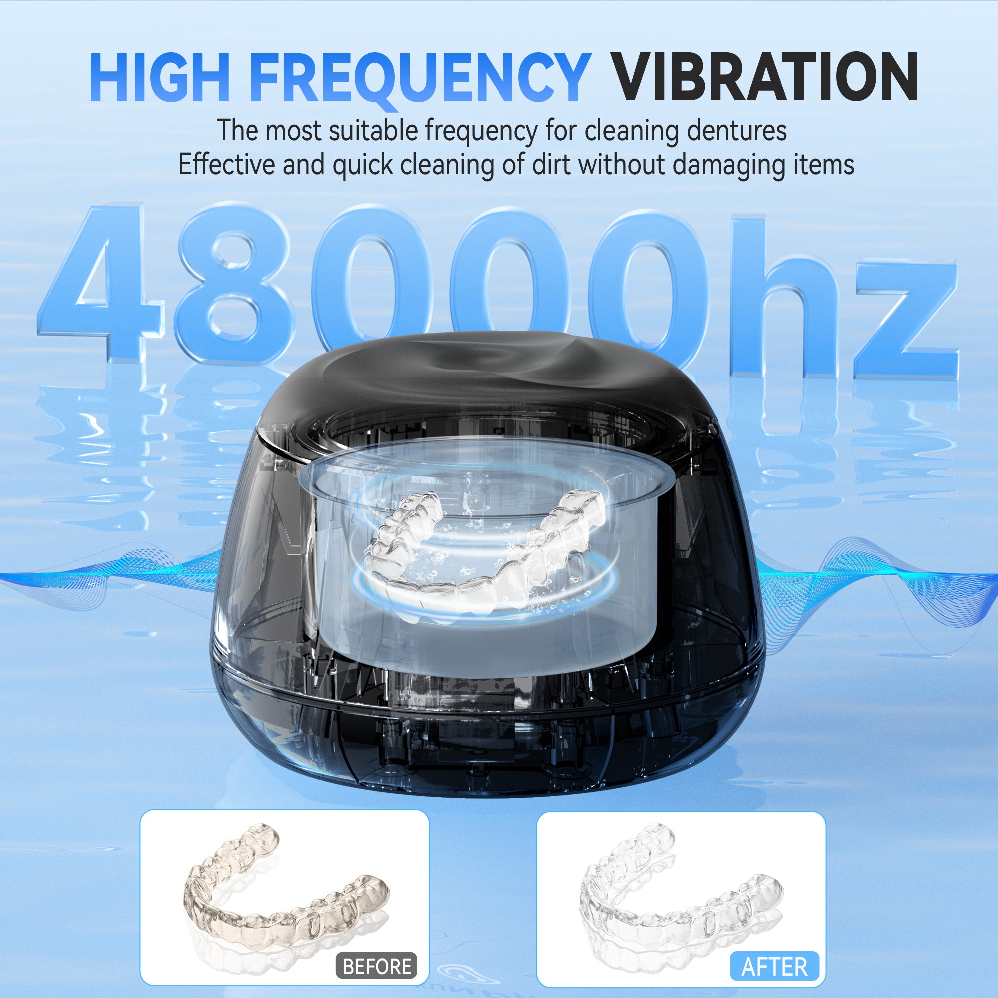 KUNPHY Ultrasonic Retainer Cleaner,IPX7 Water-Proof Denture Cleaner Machine, Portable Dental Cleaning Pod for Deep Cleaning Mouth Guard, Aligner, Braces, Jewelry, Matte Black