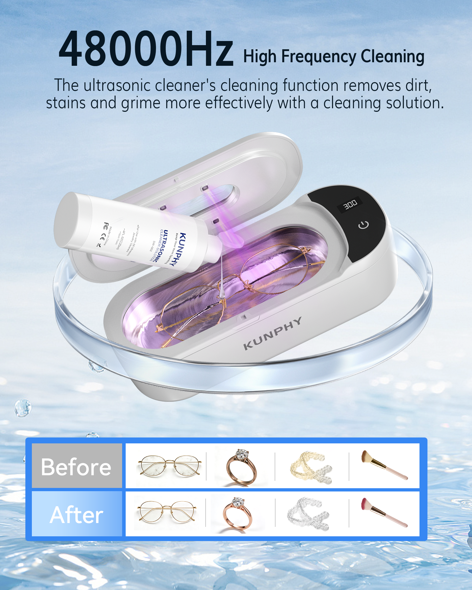 KUNPHY Jewelry Cleaner, 48KHz U-V Ultrasonic Cleaner Machine with Digital Display, Dual Cleaning Modes, 304 Stainless Steel Tank for Jewelry, Eyeglasses, Rings, Retainers, Dentures