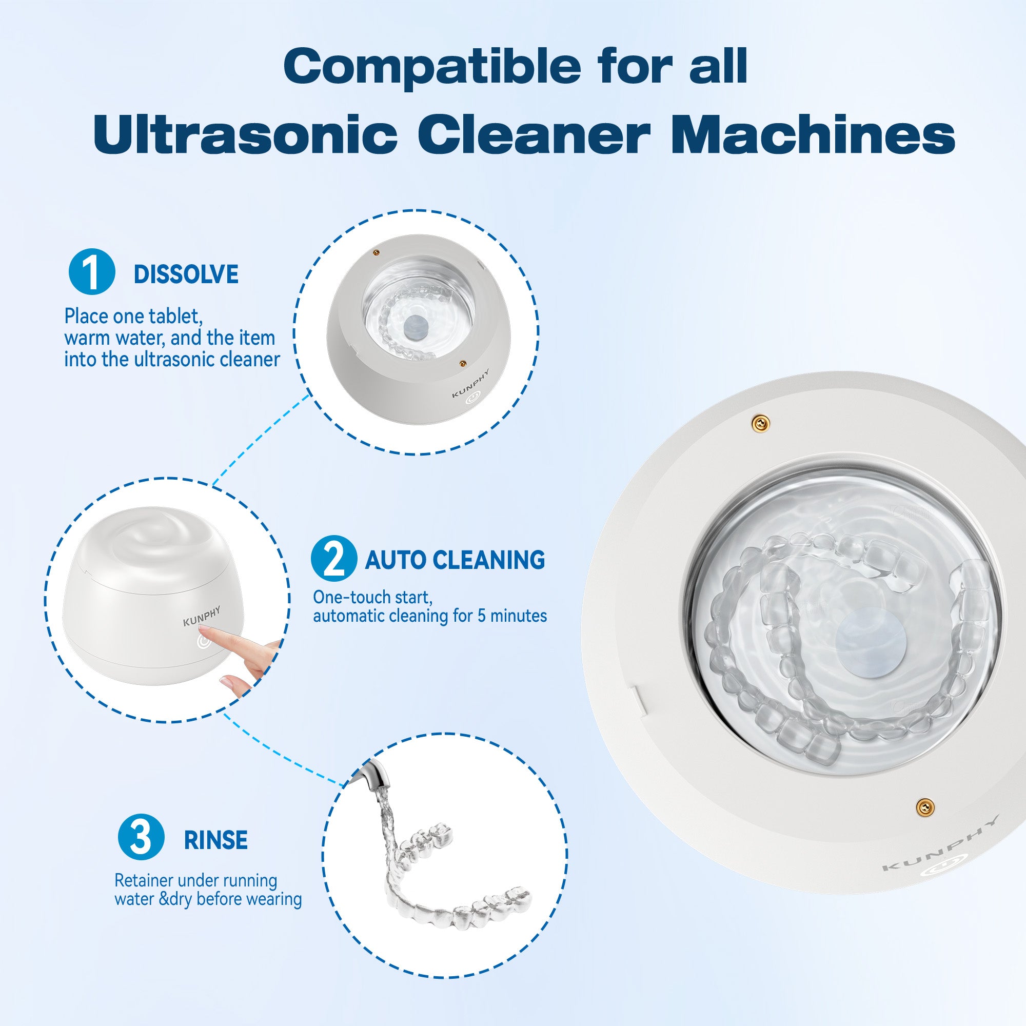 Denture Cleaning Tablets, Retainer Cleaner Tablets for Ultrasonic Machines, Aligners & Mouthguards – KUNPHY®