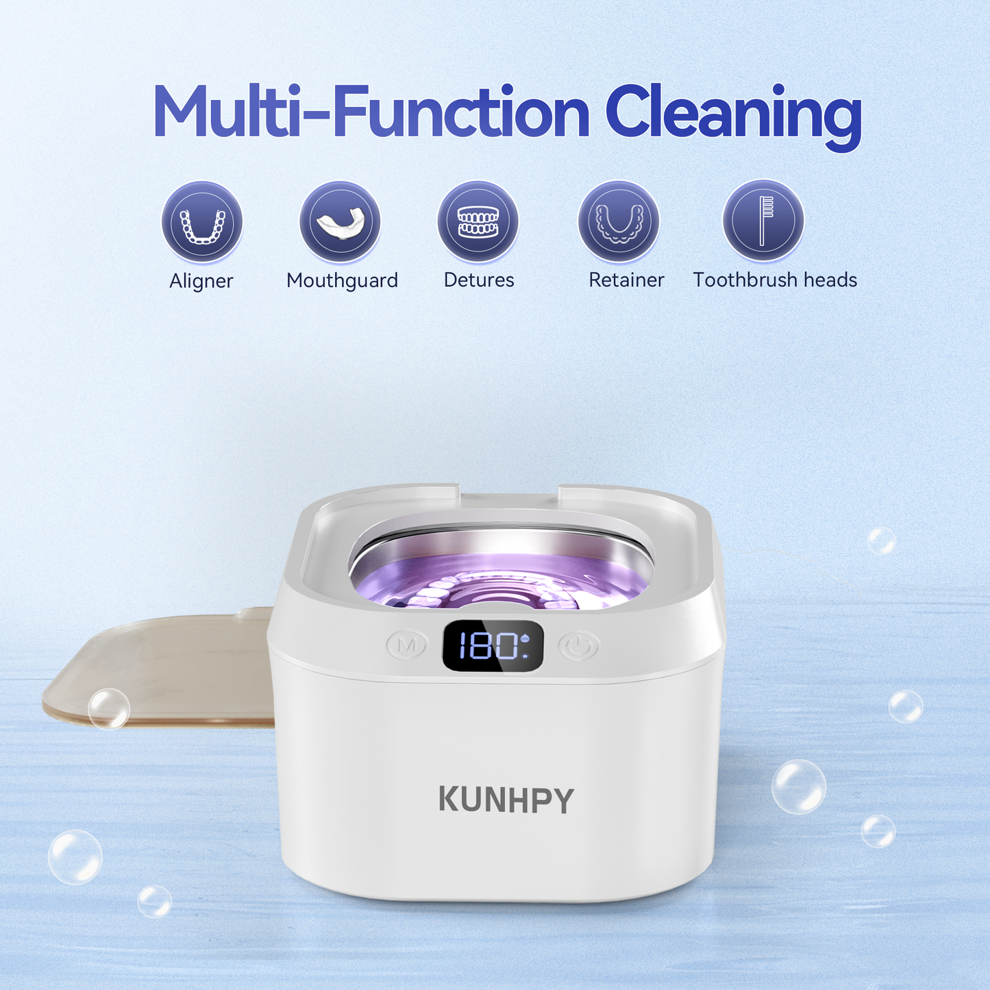 KUNPHY Retainer Cleaner, U-V Ultrasonic Retainer Cleaner with 50ML Cleaning Solution, 48KHZ 220ML Dental Cleaner with 3 Modes & Timers, Ideal for Invisalign, Mouth Guards, Braces
