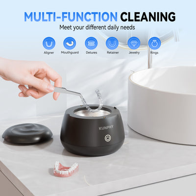 KUNPHY Ultrasonic Retainer Cleaner,IPX7 Water-Proof Denture Cleaner Machine, Portable Dental Cleaning Pod for Deep Cleaning Mouth Guard, Aligner, Braces, Jewelry, Matte Black