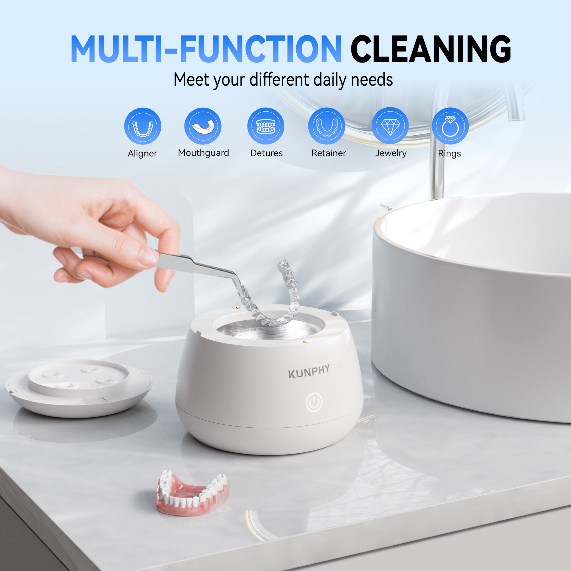 KUNPHY Ultrasonic Retainer Cleaner,IPX7 Water-Proof Denture Cleaner Machine,Portable Dental Cleaning Pod for Deep Cleaning Mouth Guard,Aligner,Braces, Jewelry, Matte White