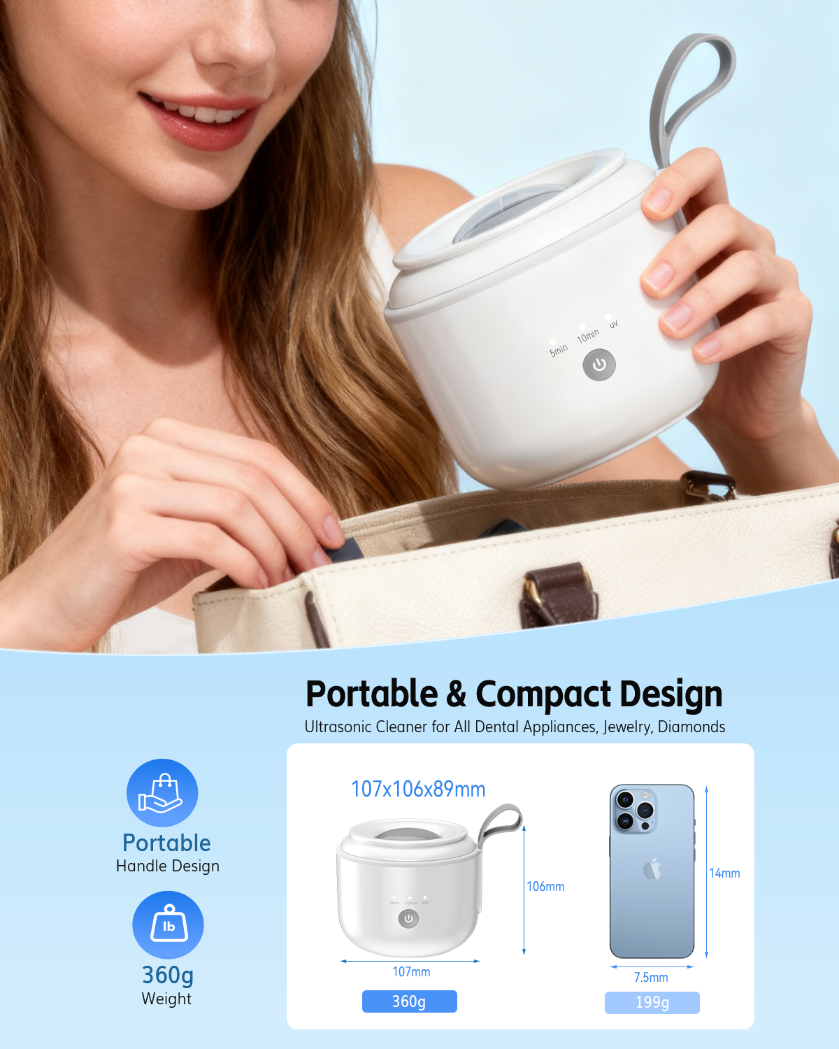Ultrasonic Retainer Cleaner Machine, JeaTone 48kHz Portable Rechargeable Dental Cleaning Pod with 3 Modes, 200ML Ultrasonic Dental Cleaner for Aligner, Nightguards, Braces, Mouthguards, Jewelry Use