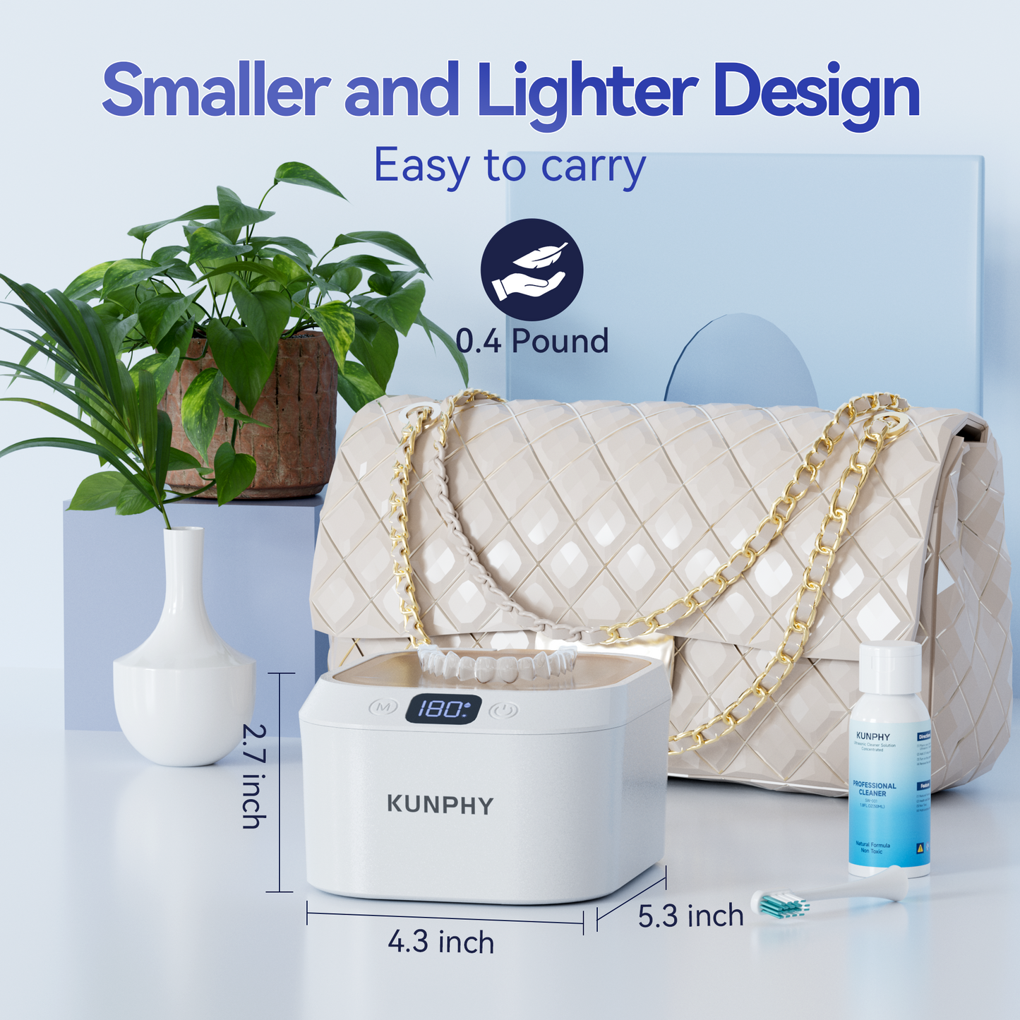 KUNPHY Retainer Cleaner, U-V Ultrasonic Retainer Cleaner with 50ML Cleaning Solution, 48KHZ 220ML Dental Cleaner with 3 Modes & Timers, Ideal for Invisalign, Mouth Guards, Braces
