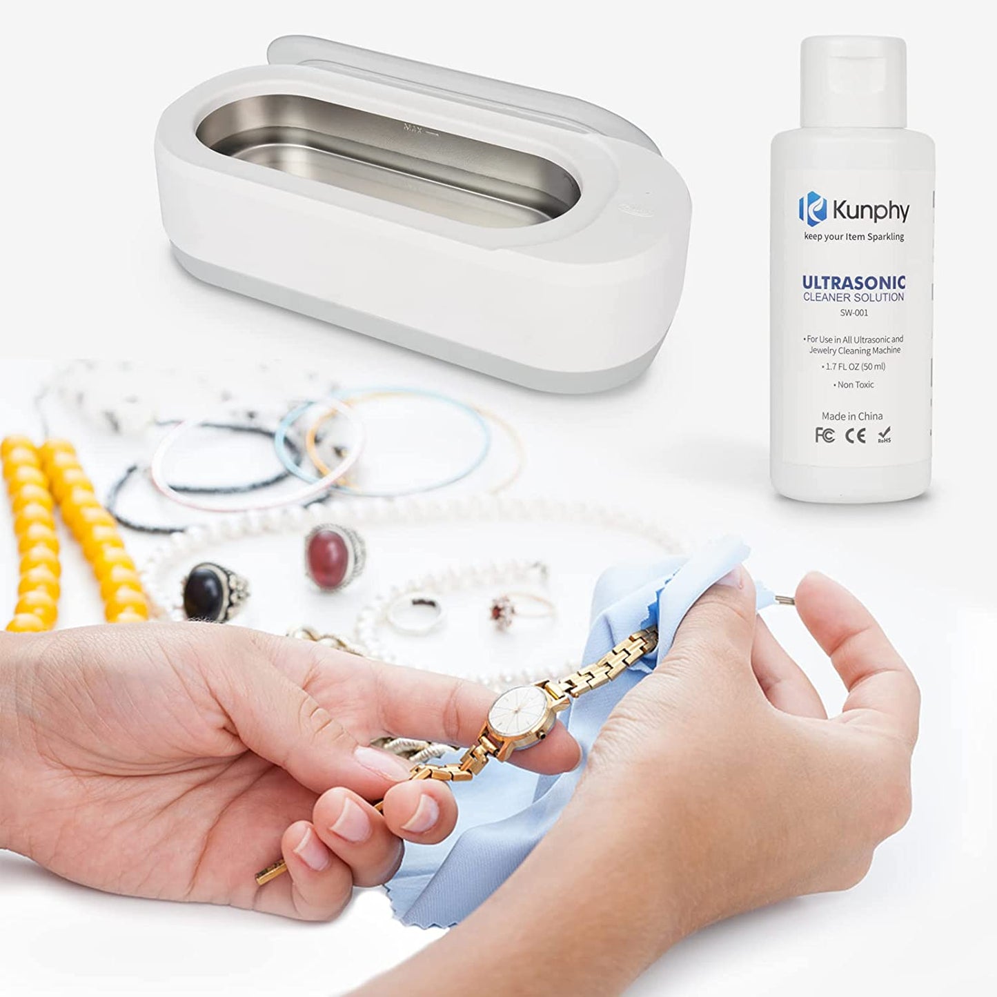 kunphy Jewelry Cleaner, Ultrasonic Cleaner Solution - Jewelry Cleaner for Gold, Silver, Platinum Diamonds and Non-Porous Precious & Semi-Precious Jewelry 4 oz(120ml)