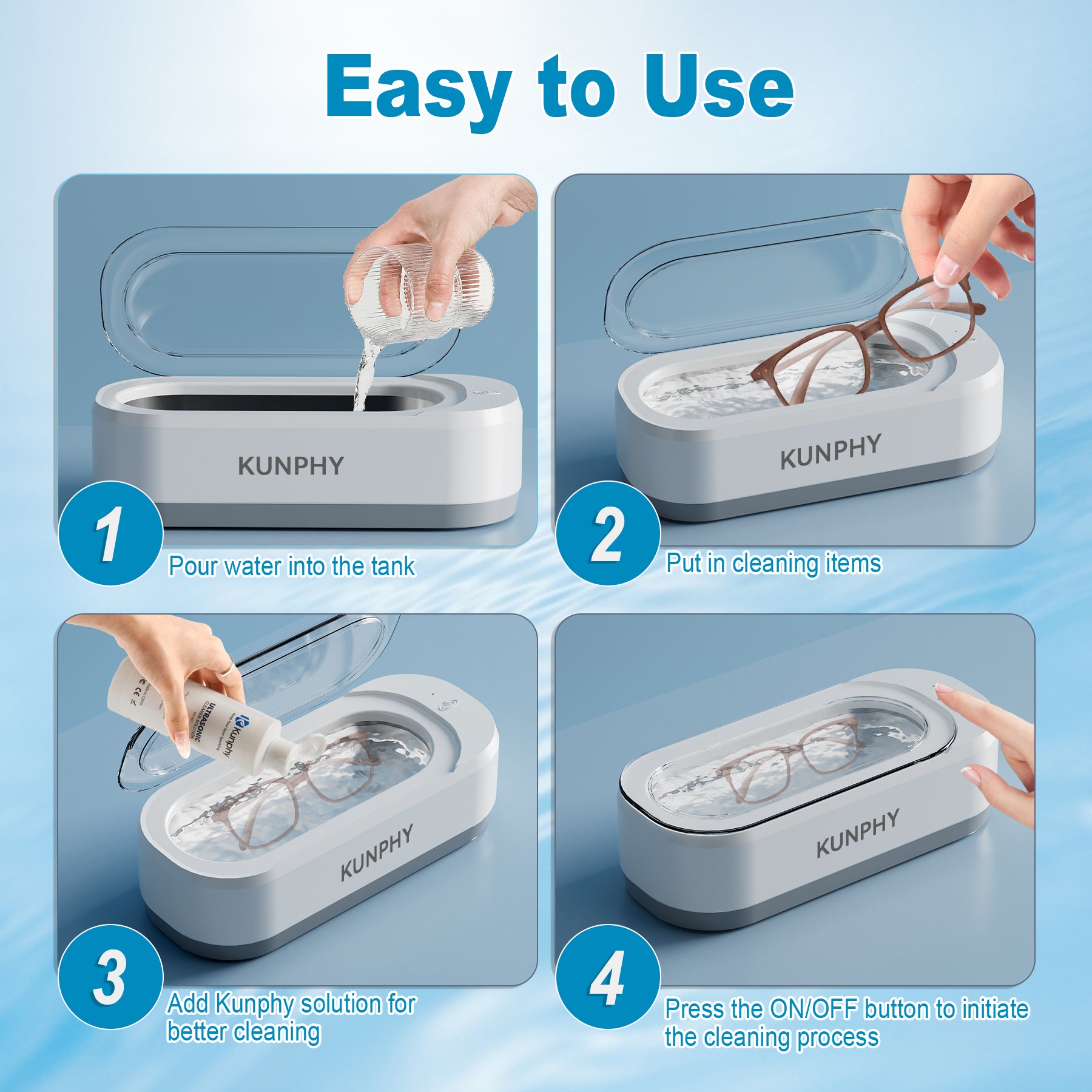 KUNPHY Ultrasonic Jewelry Cleaner, Ultrasonic Machine for All Jewelry, Small Sonic Cleaner for Rings, Glasses, Jewelry, Retainer