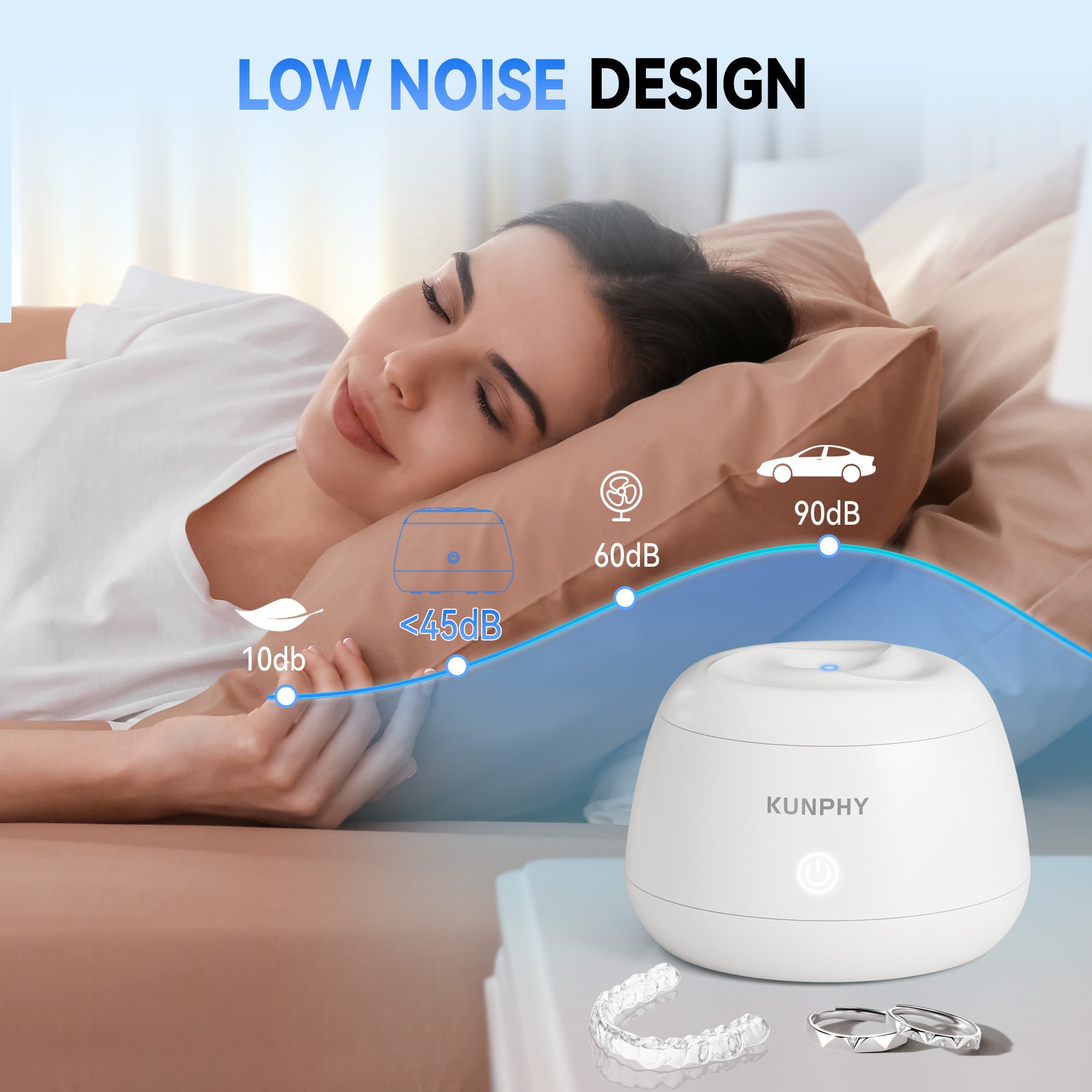 KUNPHY Ultrasonic Retainer Cleaner,IPX7 Water-Proof Denture Cleaner Machine,Portable Dental Cleaning Pod for Deep Cleaning Mouth Guard,Aligner,Braces, Jewelry, Matte White