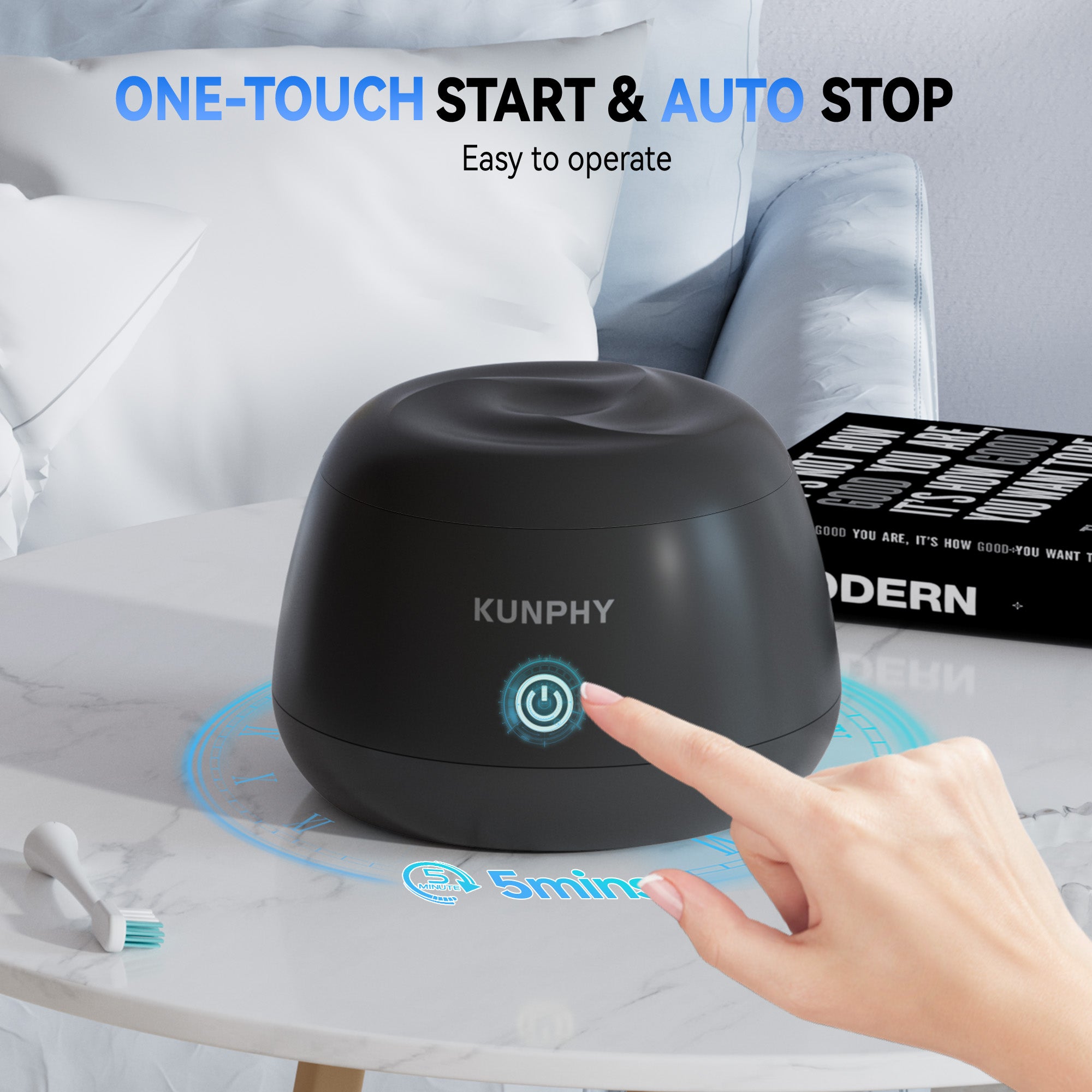 KUNPHY Ultrasonic Retainer Cleaner,IPX7 Water-Proof Denture Cleaner Machine, Portable Dental Cleaning Pod for Deep Cleaning Mouth Guard, Aligner, Braces, Jewelry, Matte Black