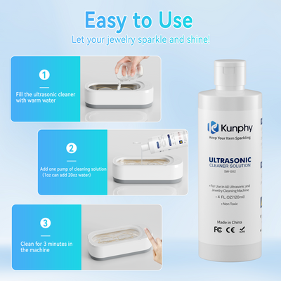 kunphy Jewelry Cleaner, Ultrasonic Cleaner Solution - Jewelry Cleaner for Gold, Silver, Platinum Diamonds and Non-Porous Precious & Semi-Precious Jewelry 4 oz(120ml)
