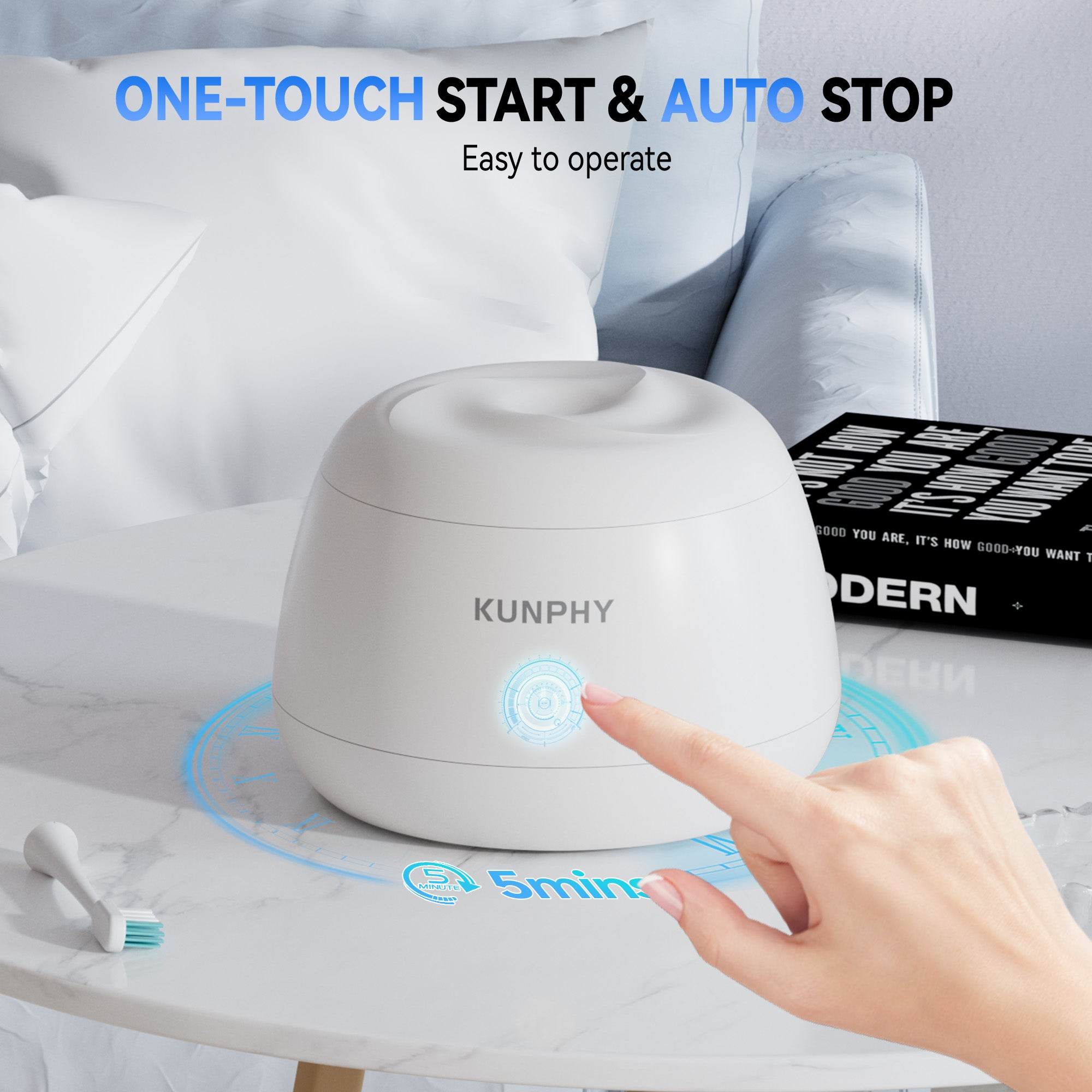 KUNPHY Ultrasonic Retainer Cleaner,IPX7 Water-Proof Denture Cleaner Machine,Portable Dental Cleaning Pod for Deep Cleaning Mouth Guard,Aligner,Braces, Jewelry, Matte White