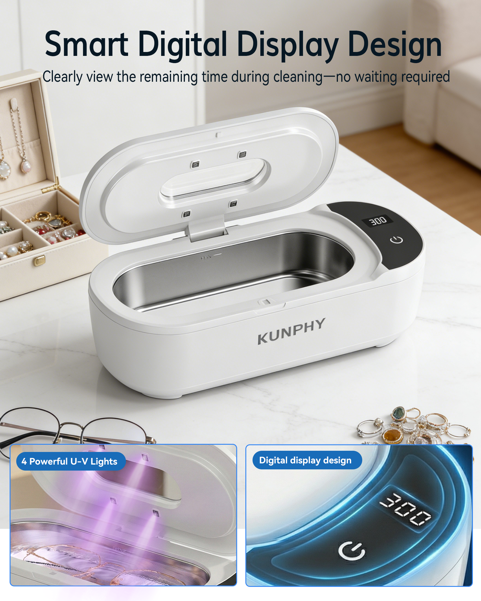 KUNPHY Jewelry Cleaner, 48KHz U-V Ultrasonic Cleaner Machine with Digital Display, Dual Cleaning Modes, 304 Stainless Steel Tank for Jewelry, Eyeglasses, Rings, Retainers, Dentures
